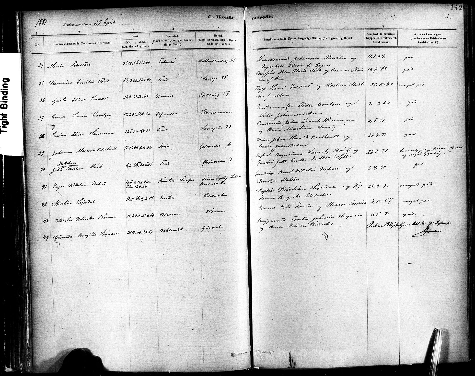 Ministerialprotokoller, klokkerbøker og fødselsregistre - Sør-Trøndelag, SAT/A-1456/602/L0119: Ministerialbok nr. 602A17, 1880-1901, s. 142