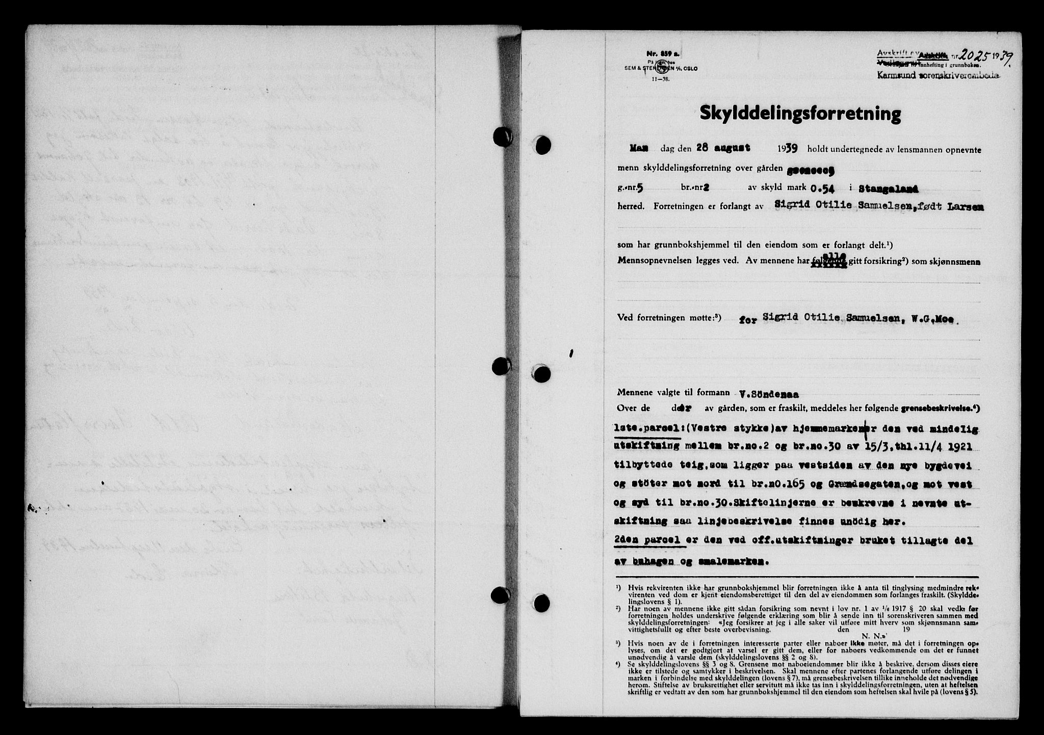 Karmsund sorenskriveri, SAST/A-100311/01/II/IIB/L0072: Pantebok nr. 53A, 1939-1940, Dagboknr: 2025/1939