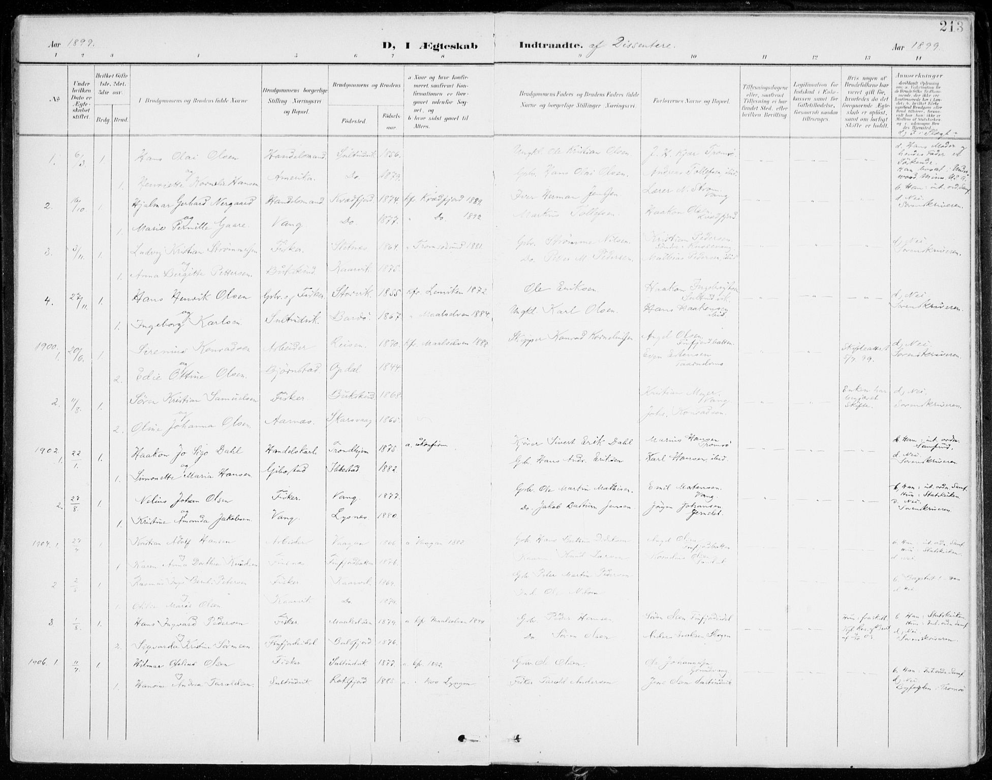 Lenvik sokneprestembete, AV/SATØ-S-1310/H/Ha/Haa/L0014kirke: Ministerialbok nr. 14, 1899-1909, s. 213