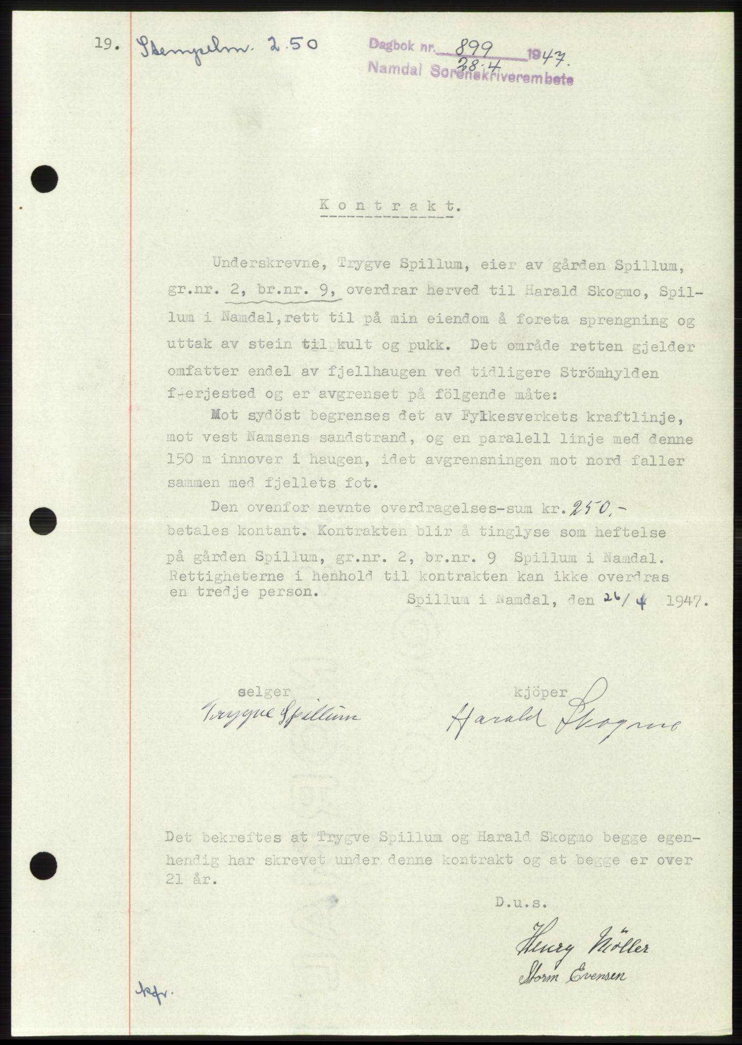 Namdal sorenskriveri, SAT/A-4133/1/2/2C: Pantebok nr. -, 1947-1947, Dagboknr: 899/1947