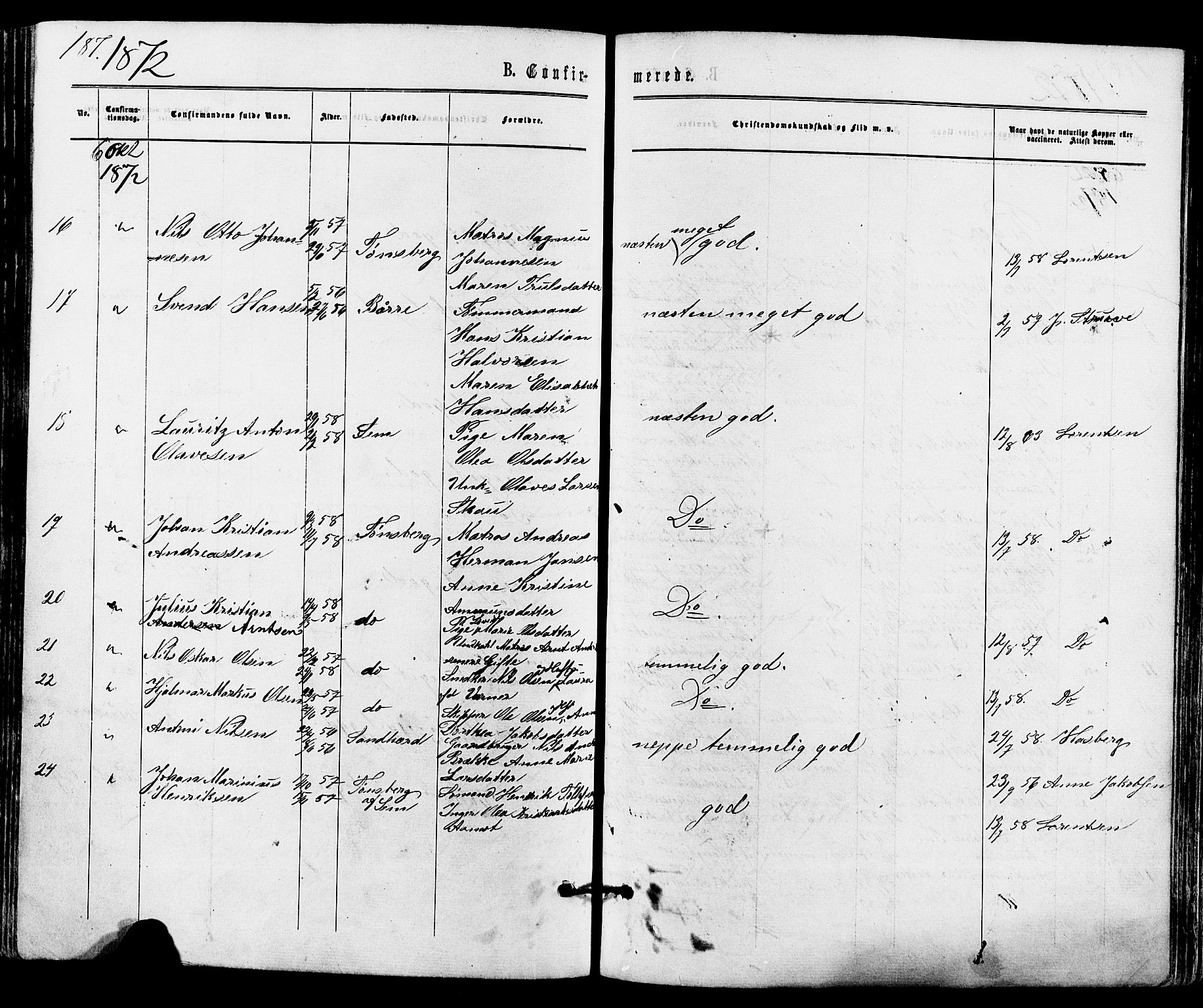 Tønsberg kirkebøker, AV/SAKO-A-330/F/Fa/L0009: Ministerialbok nr. I 9, 1865-1873, s. 187