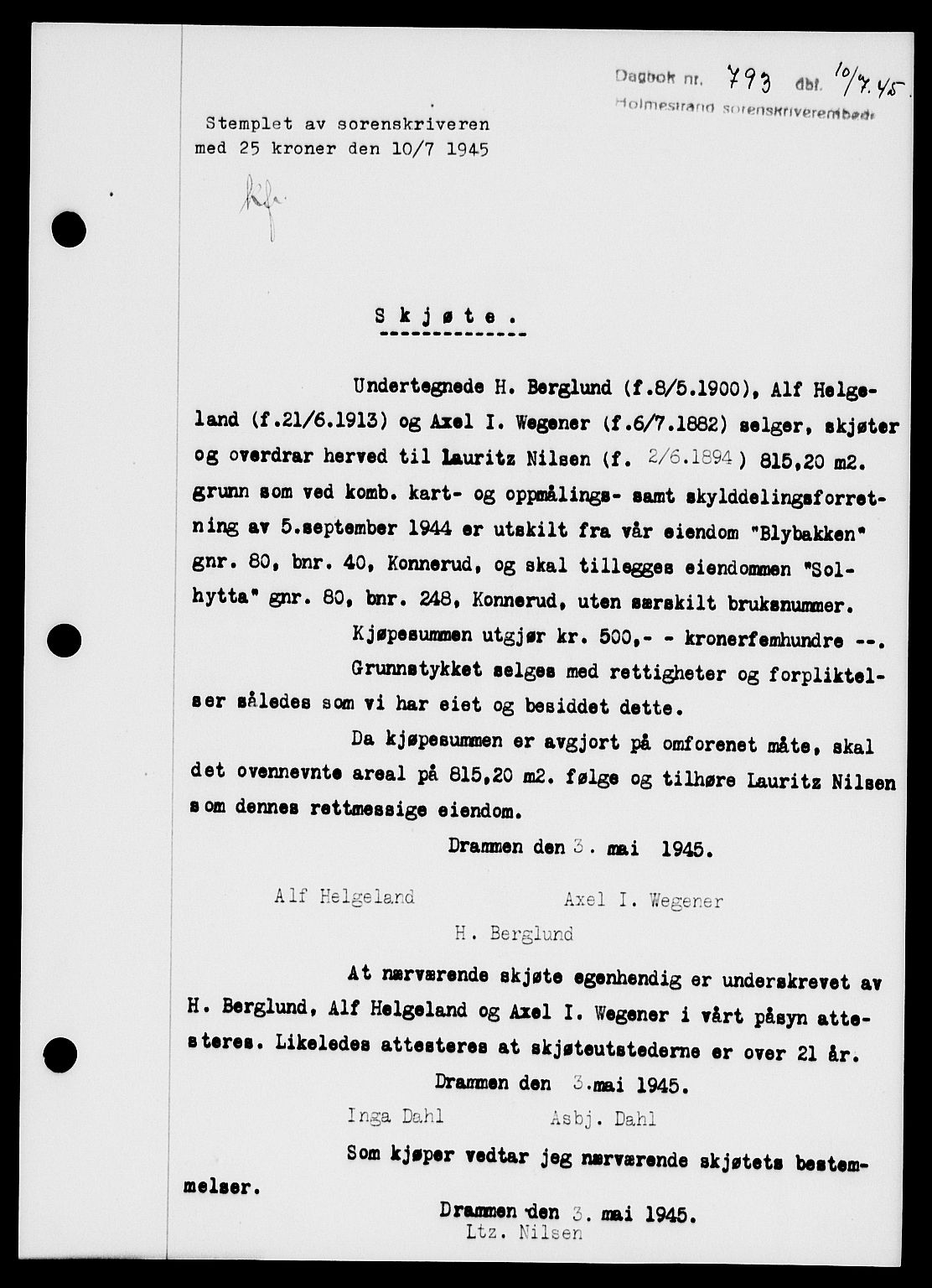 Holmestrand sorenskriveri, SAKO/A-67/G/Ga/Gaa/L0059: Pantebok nr. A-59, 1945-1946, Dagboknr: 793/1945