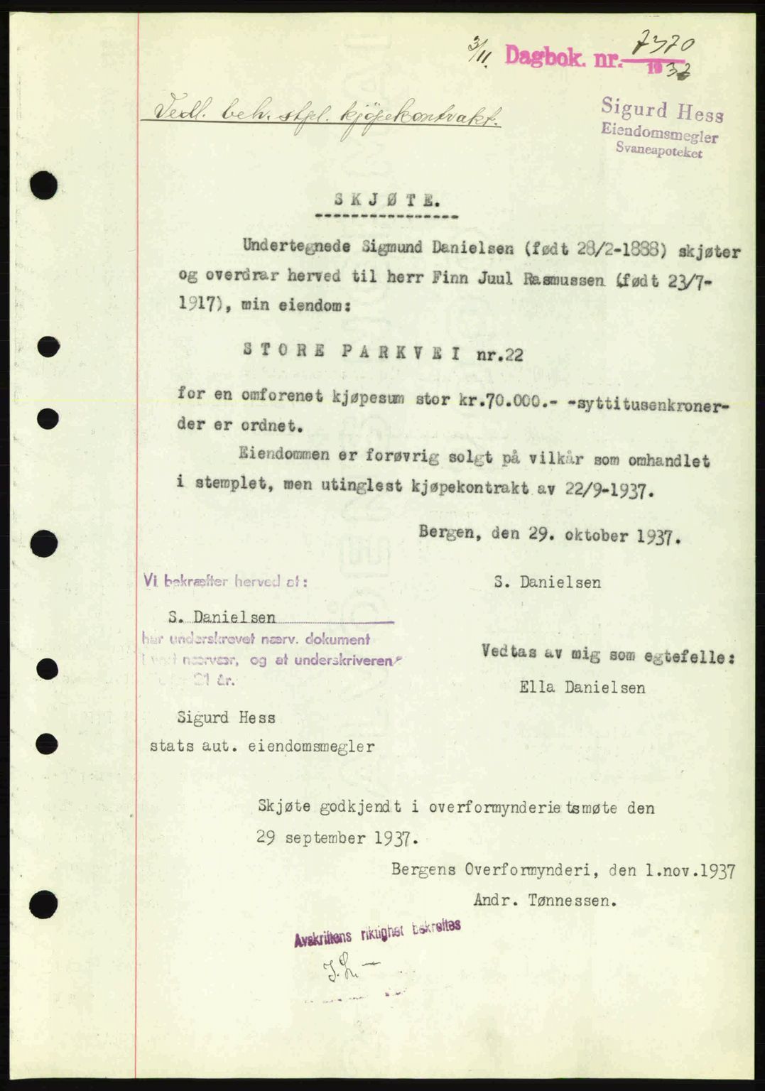 Byfogd og Byskriver i Bergen, SAB/A-3401/03/03Bc/L0006: Pantebok nr. A5, 1937-1938, Dagboknr: 7370/1937