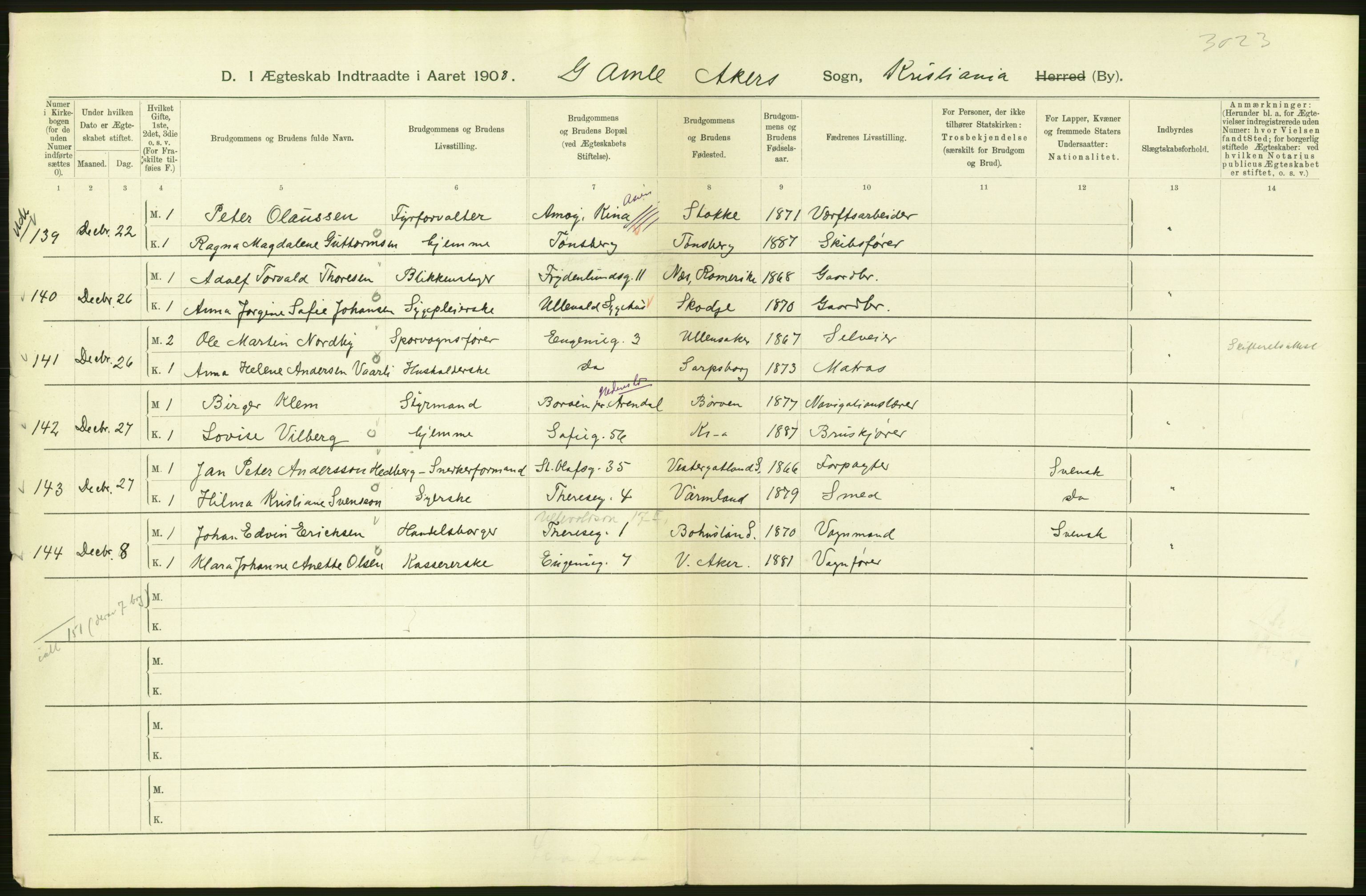 Statistisk sentralbyrå, Sosiodemografiske emner, Befolkning, AV/RA-S-2228/D/Df/Dfa/Dfaf/L0007: Kristiania: Gifte, 1908, s. 328