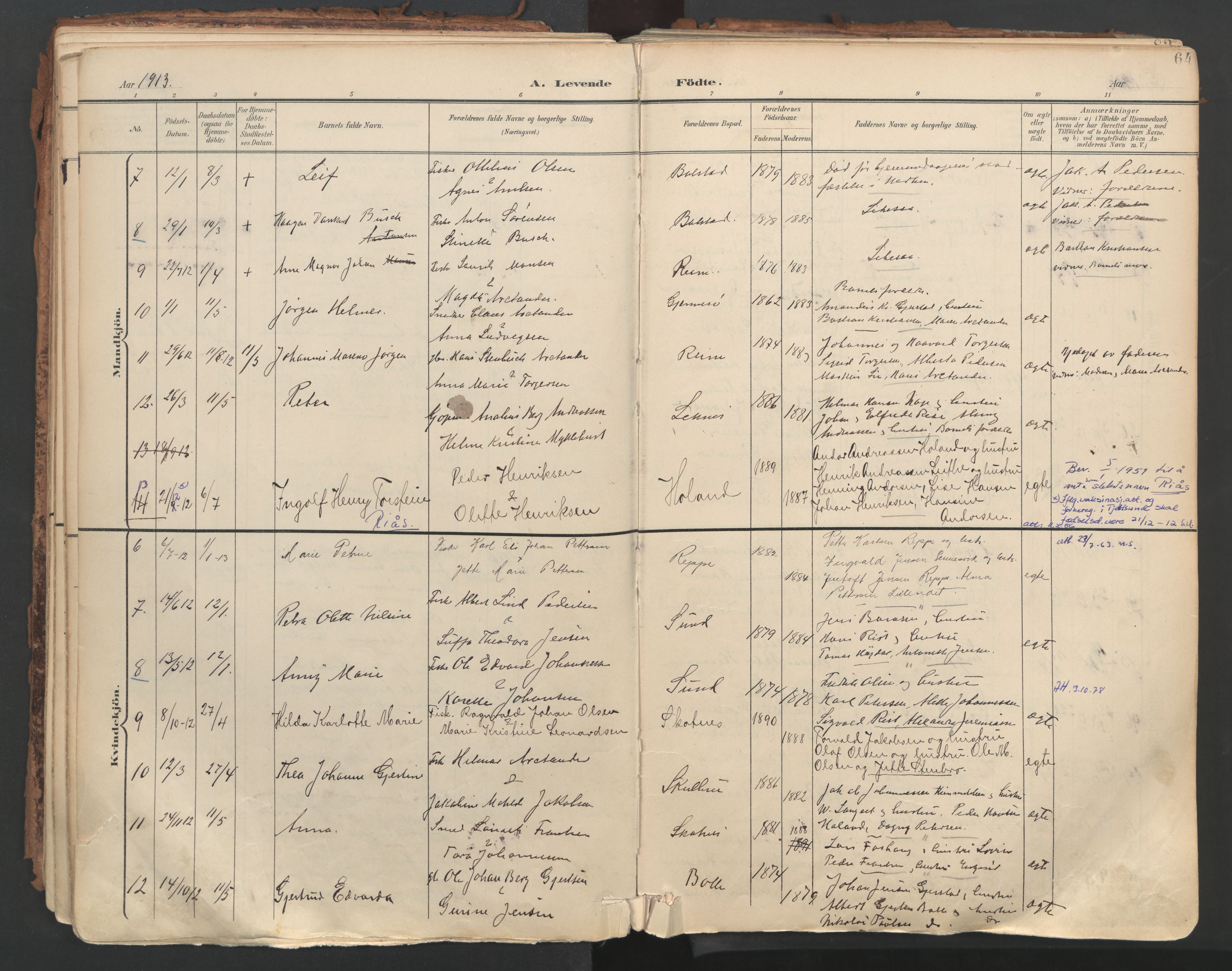 Ministerialprotokoller, klokkerbøker og fødselsregistre - Nordland, AV/SAT-A-1459/881/L1154: Ministerialbok nr. 881A07, 1907-1918, s. 64