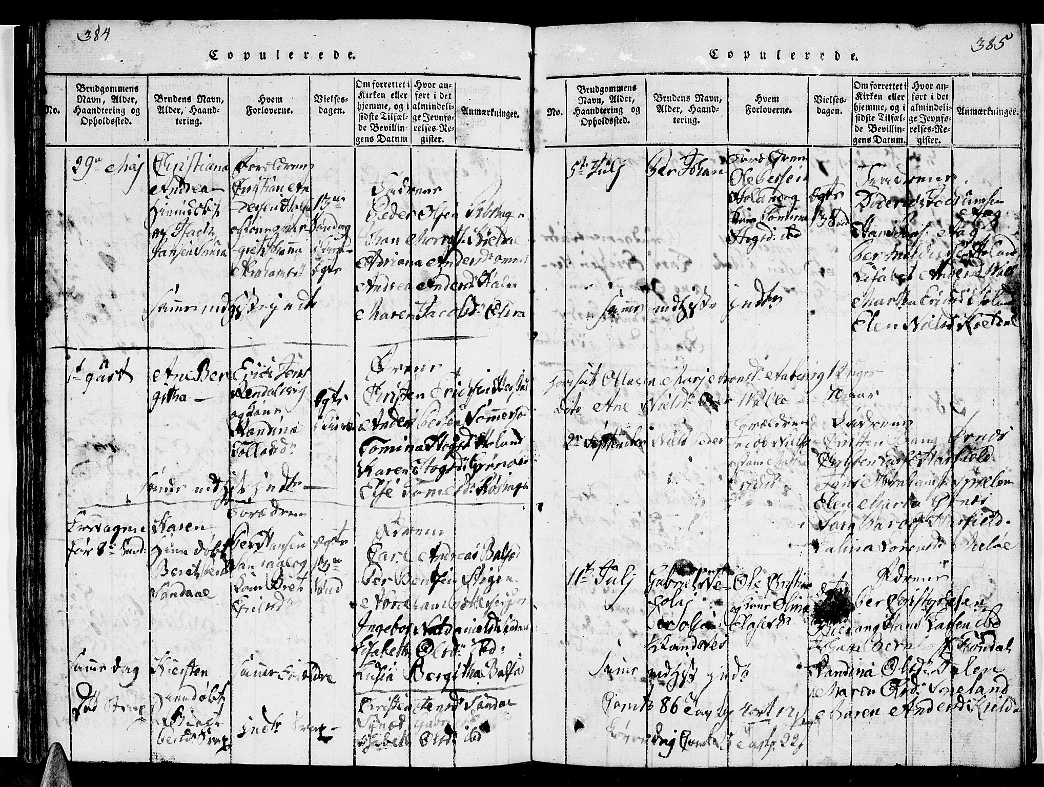 Ministerialprotokoller, klokkerbøker og fødselsregistre - Nordland, AV/SAT-A-1459/841/L0616: Klokkerbok nr. 841C01 /1, 1820-1832, s. 384-385