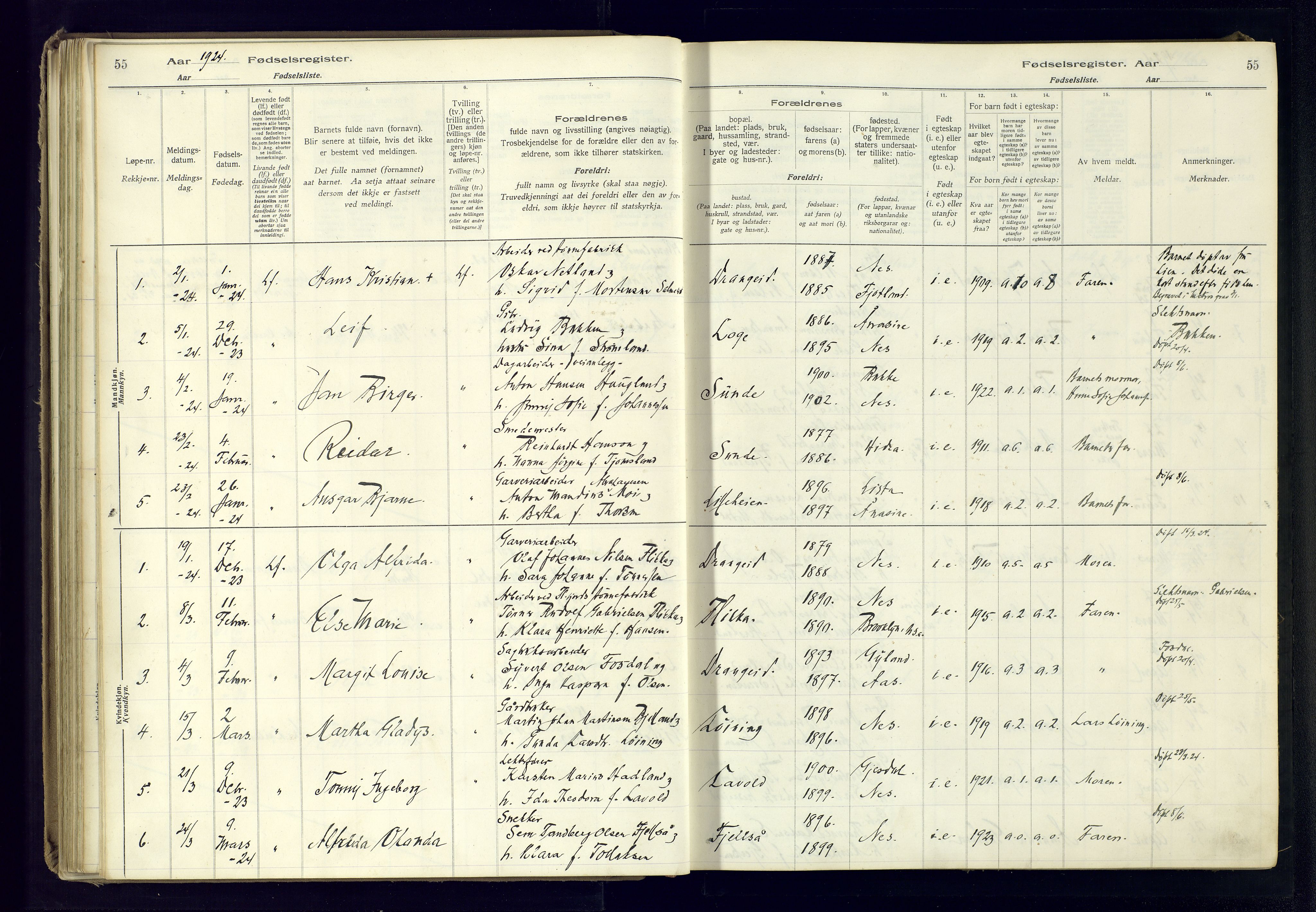 Flekkefjord sokneprestkontor, AV/SAK-1111-0012/J/Ja/L0005: Fødselsregister nr. 5, 1916-1950, s. 55