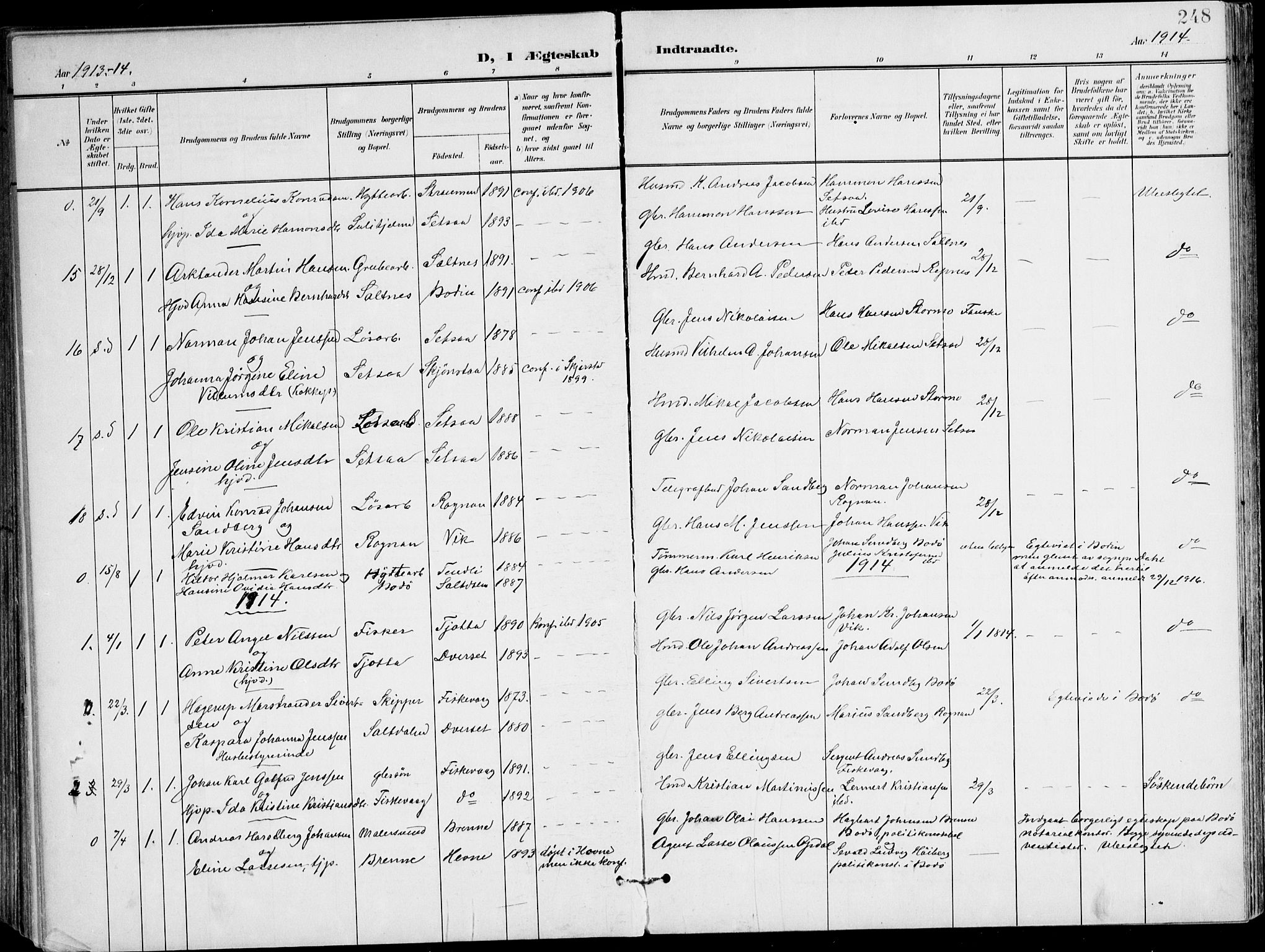 Ministerialprotokoller, klokkerbøker og fødselsregistre - Nordland, AV/SAT-A-1459/847/L0672: Ministerialbok nr. 847A12, 1902-1919, s. 248