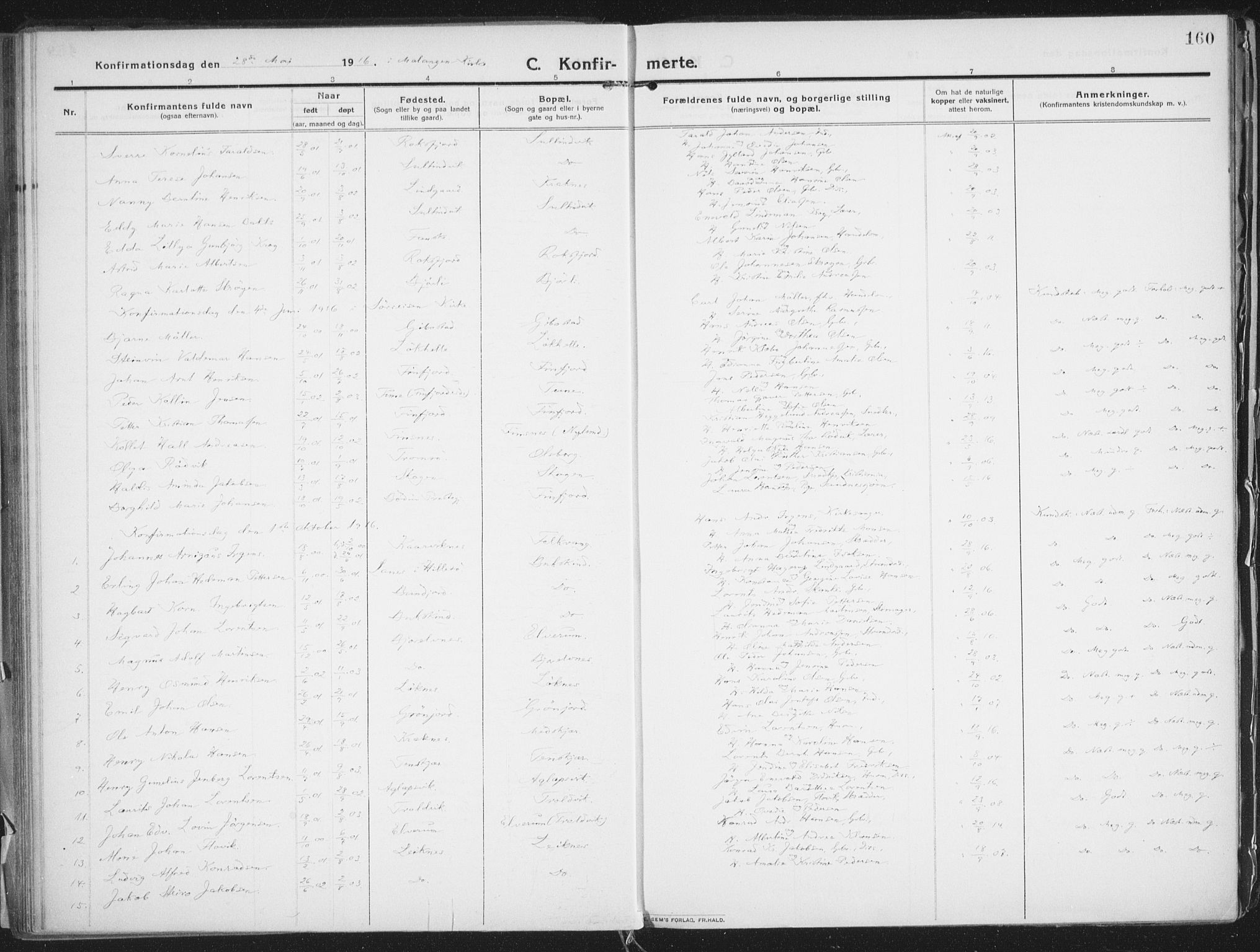 Lenvik sokneprestembete, SATØ/S-1310/H/Ha/Haa/L0016kirke: Ministerialbok nr. 16, 1910-1924, s. 160