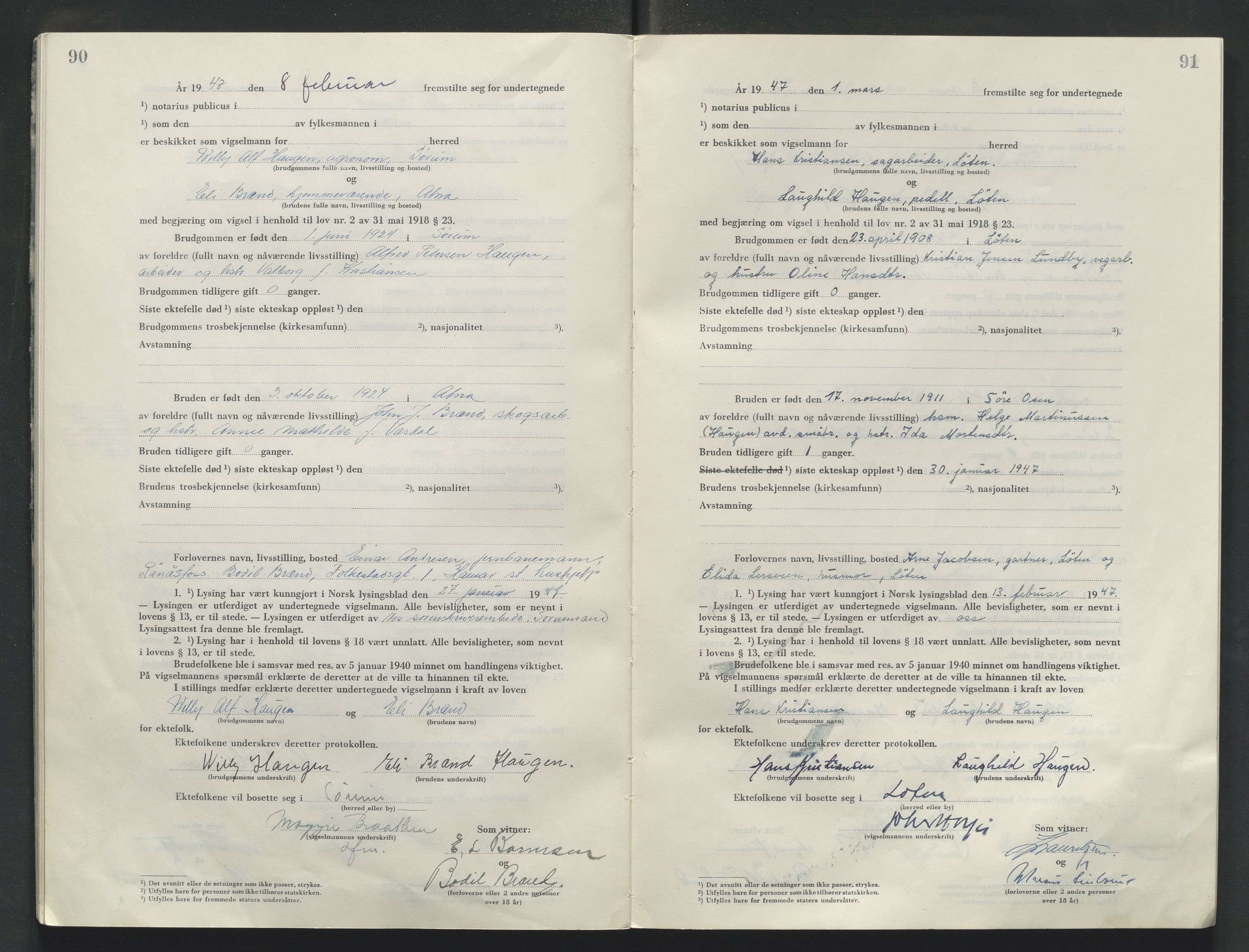 Sør-Hedmark sorenskriveri, AV/SAH-TING-014/L/Le/L0002/0002: Vigselsbøker / Vigselbok, 1945-1949, s. 90-91