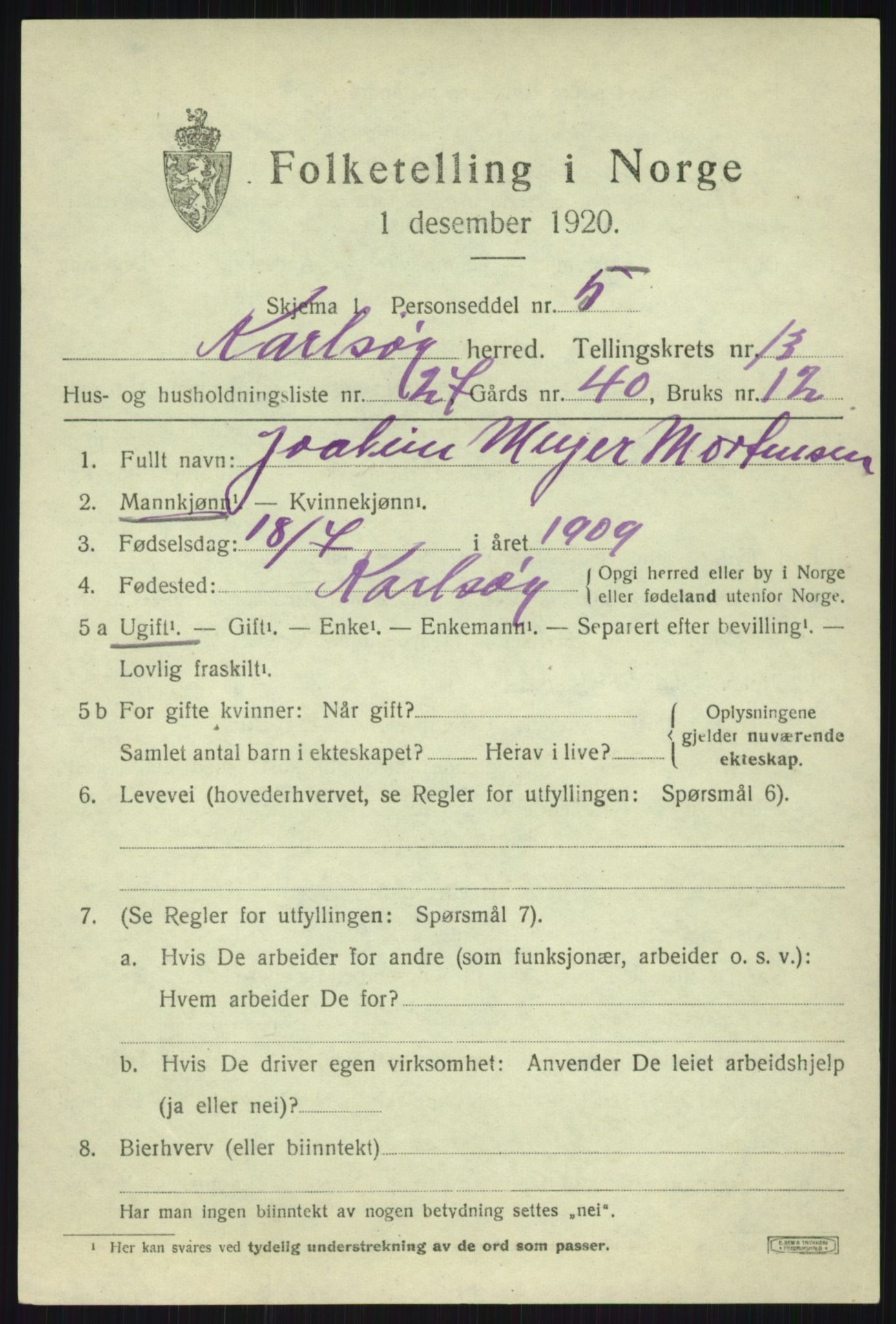 SATØ, Folketelling 1920 for 1936 Karlsøy herred, 1920, s. 5010