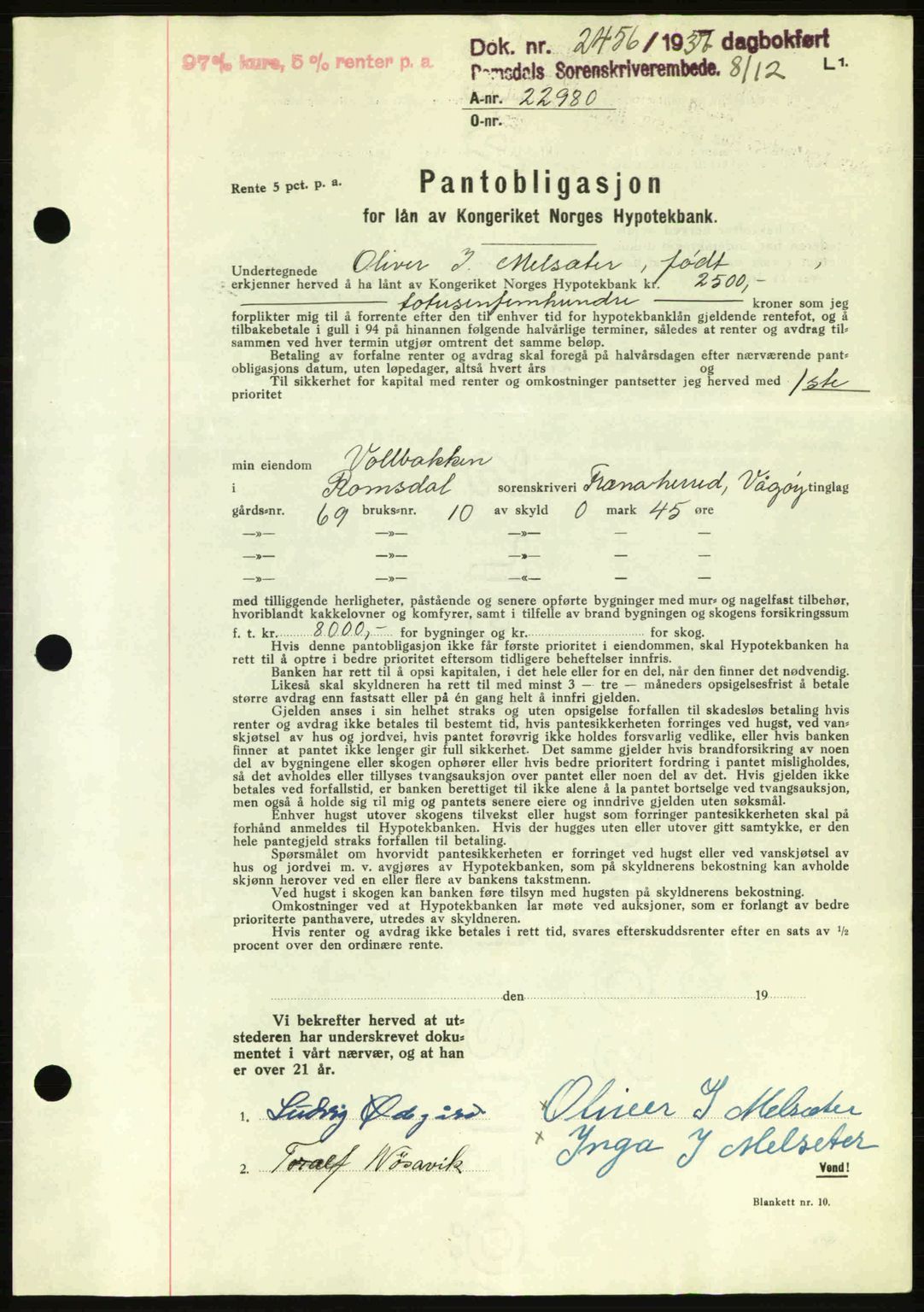 Romsdal sorenskriveri, SAT/A-4149/1/2/2C: Pantebok nr. B1, 1936-1939, Dagboknr: 2456/1937