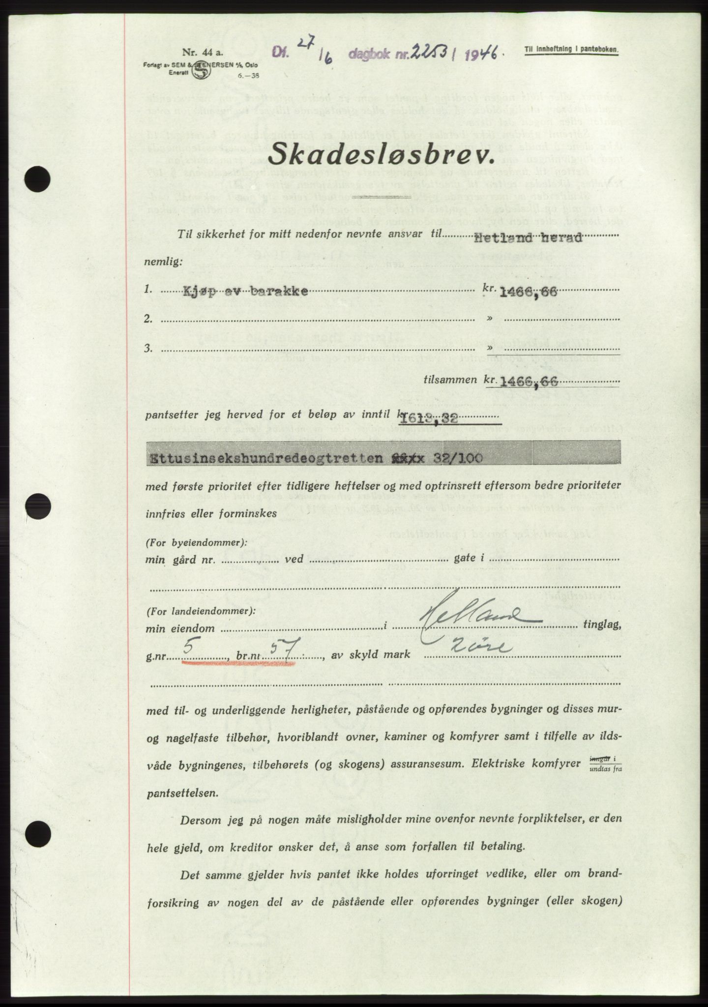 Jæren sorenskriveri, SAST/A-100310/03/G/Gba/L0090: Pantebok, 1946-1946, Dagboknr: 2253/1946