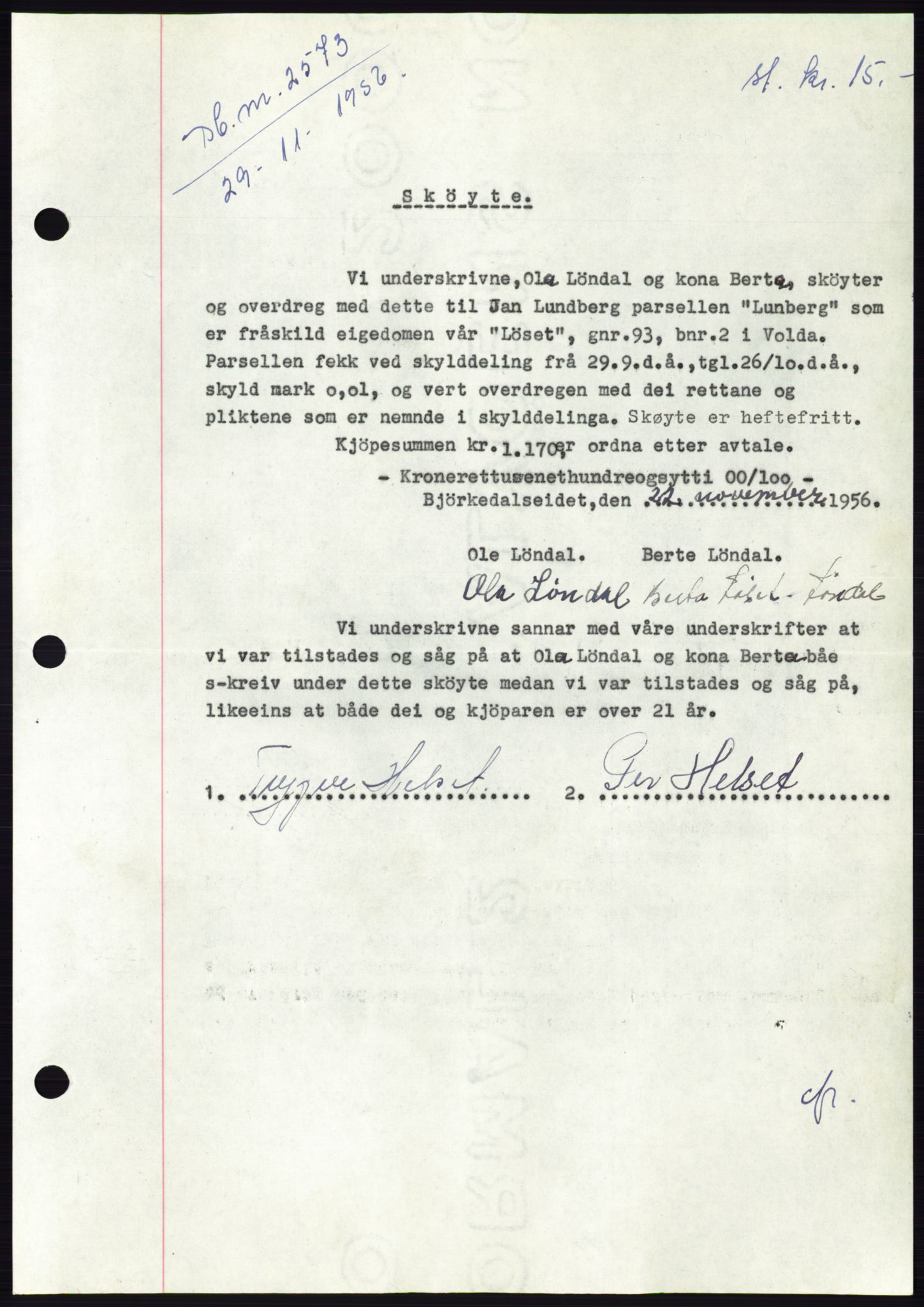 Søre Sunnmøre sorenskriveri, AV/SAT-A-4122/1/2/2C/L0105: Pantebok nr. 31A, 1956-1957, Dagboknr: 2573/1956