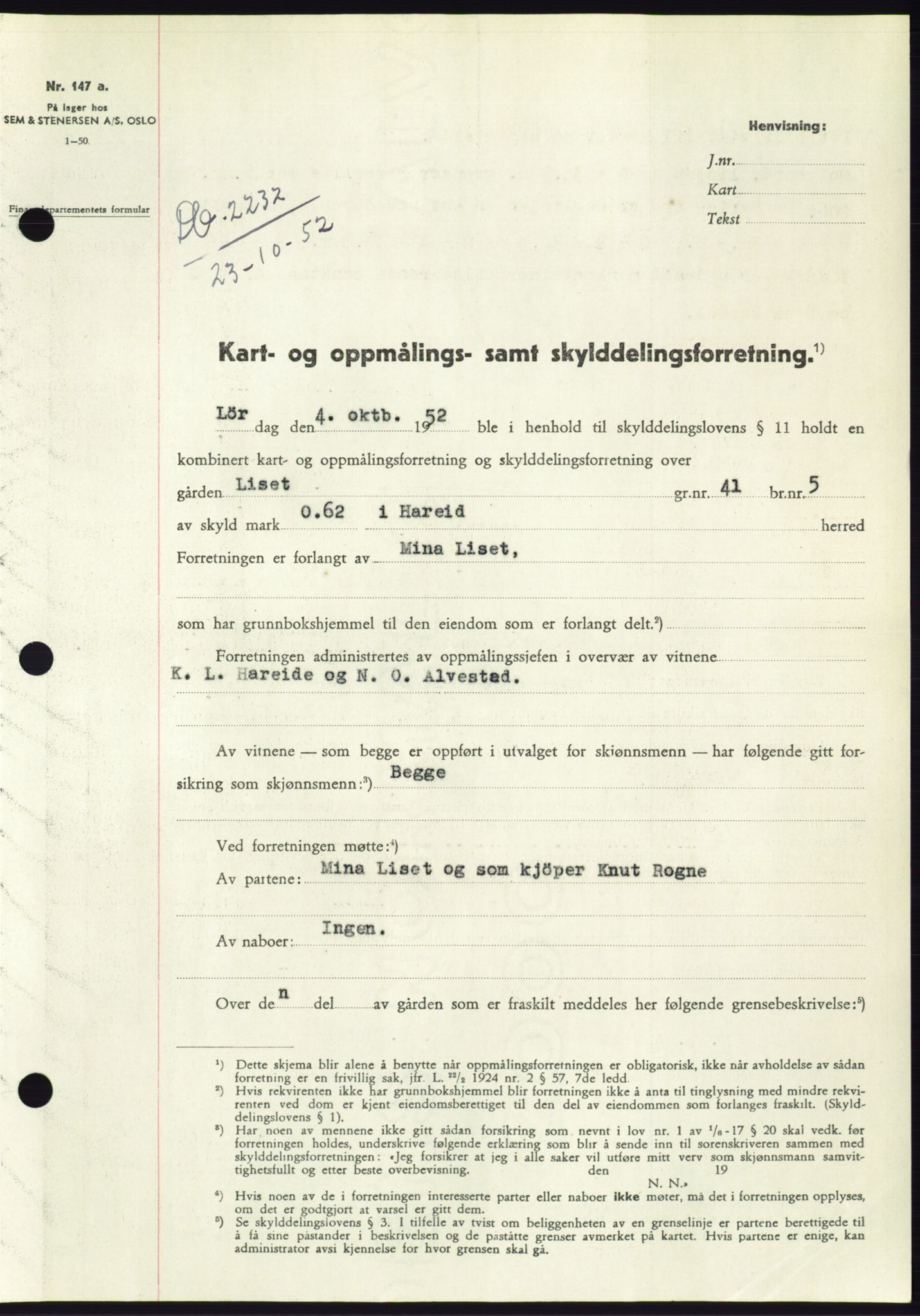 Søre Sunnmøre sorenskriveri, SAT/A-4122/1/2/2C/L0093: Pantebok nr. 19A, 1952-1953, Dagboknr: 2232/1952