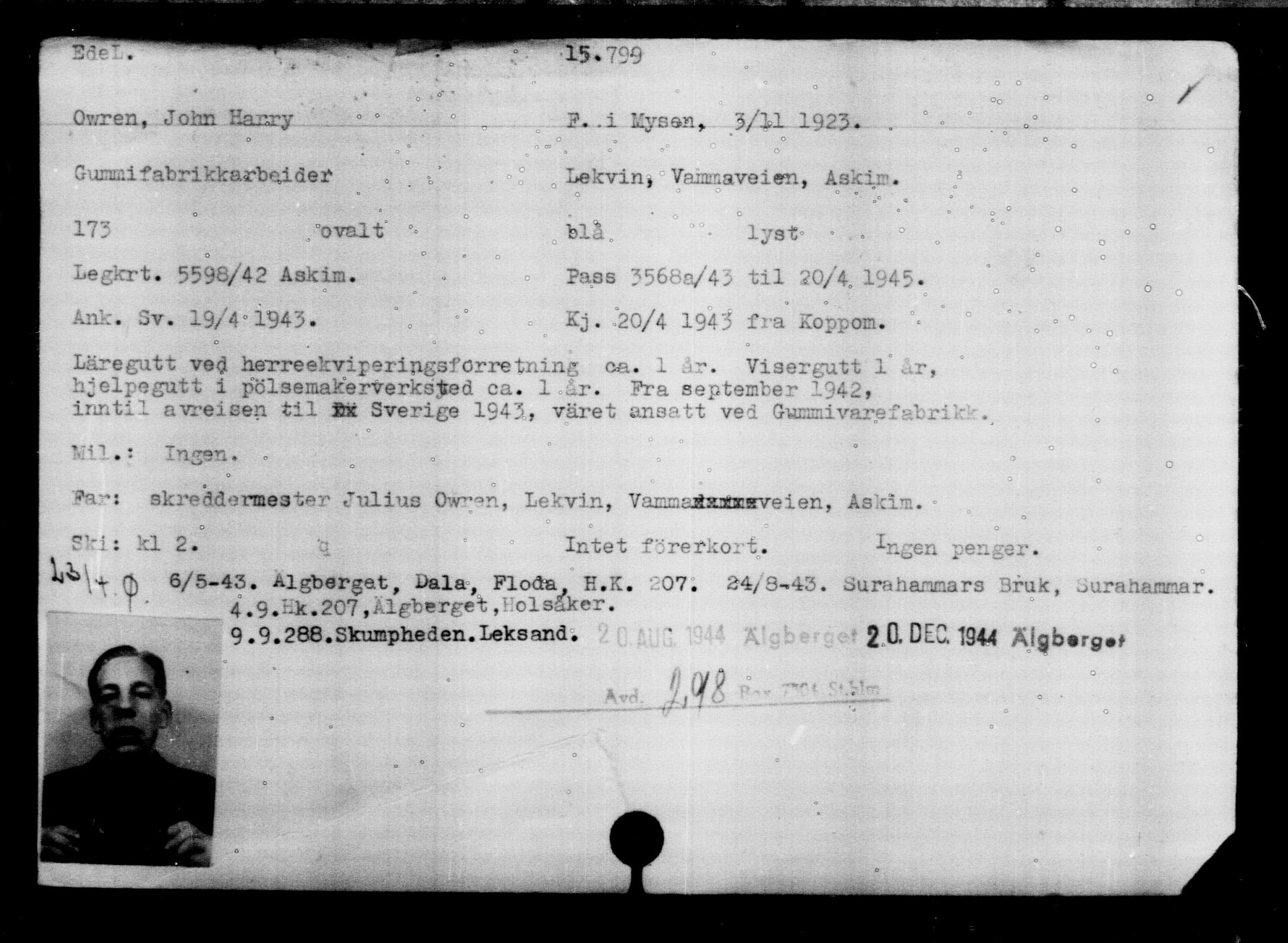 Utenriksstasjonene, Legasjonen i Stockholm, Flyktningkontoret, AV/RA-S-6753/V/Va/L0008: Kjesäterkartoteket, flyktninger med registreringsnr. 15700-18547, 1940-1945, s. 101
