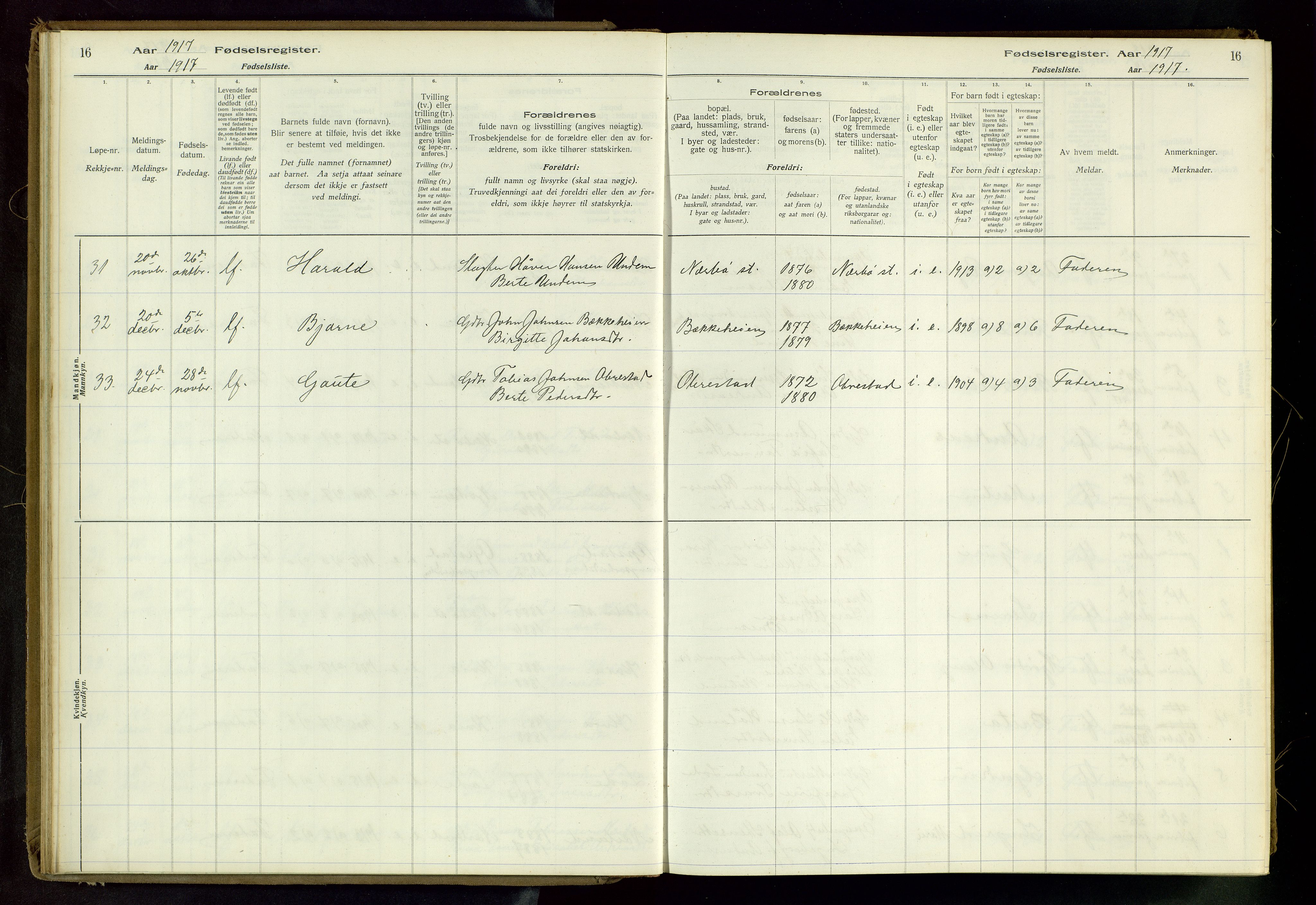 Hå sokneprestkontor, AV/SAST-A-101801/002/C/L0001: Fødselsregister nr. 1, 1916-1945, s. 16