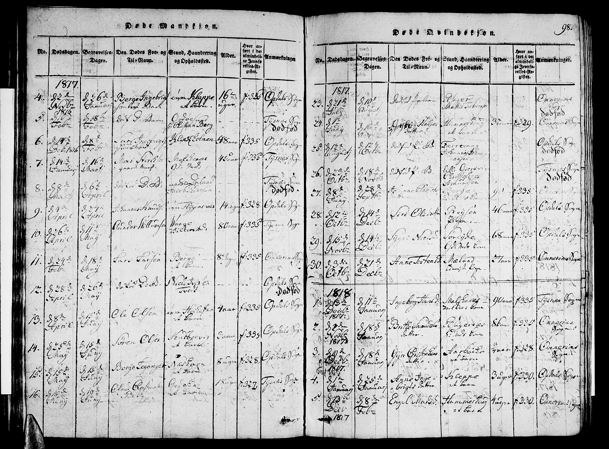 Tysnes sokneprestembete, AV/SAB-A-78601/H/Hab: Klokkerbok nr. A 1, 1816-1828, s. 98