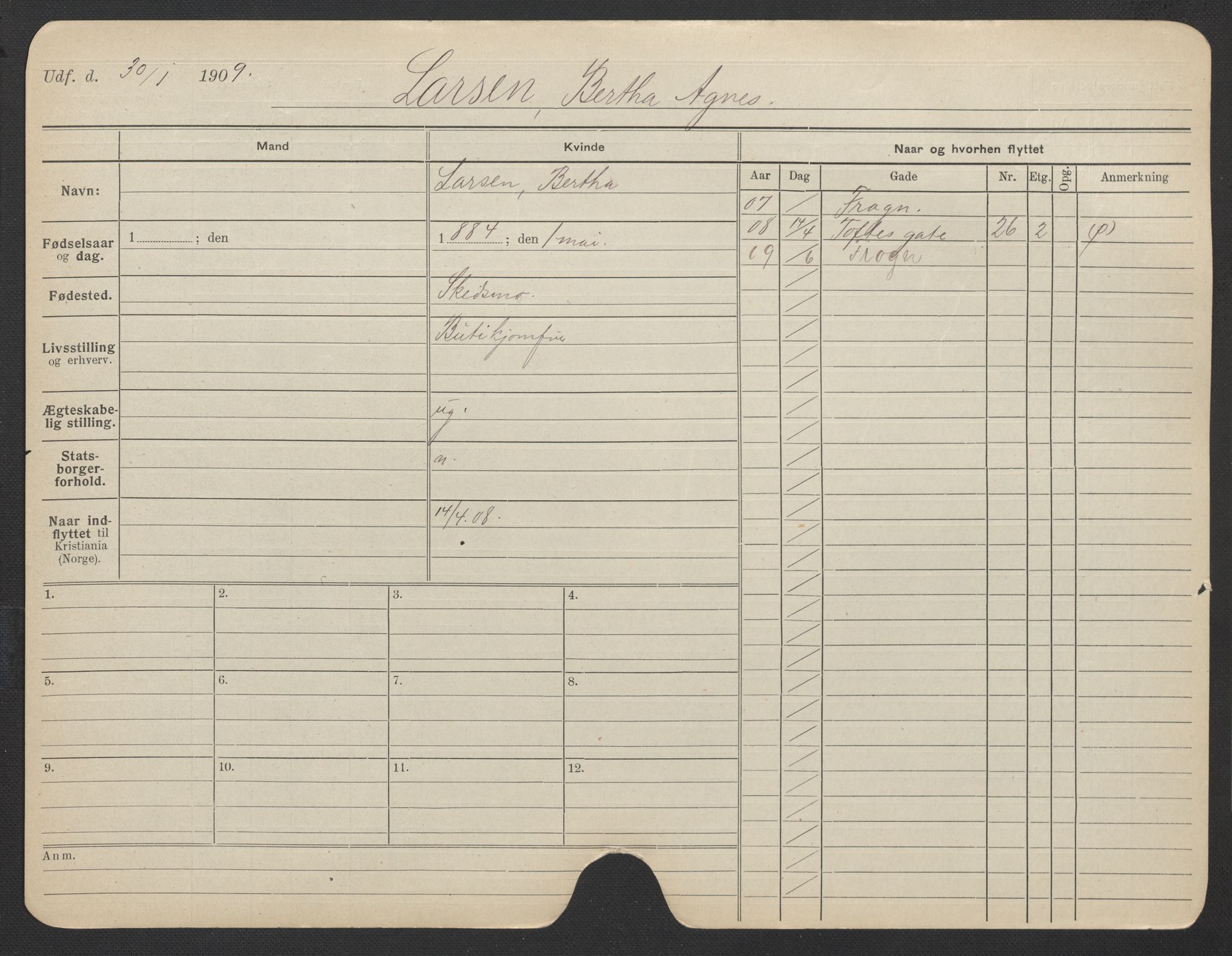 Oslo folkeregister, Registerkort, AV/SAO-A-11715/F/Fa/Fac/L0019: Kvinner, 1906-1914, s. 838a