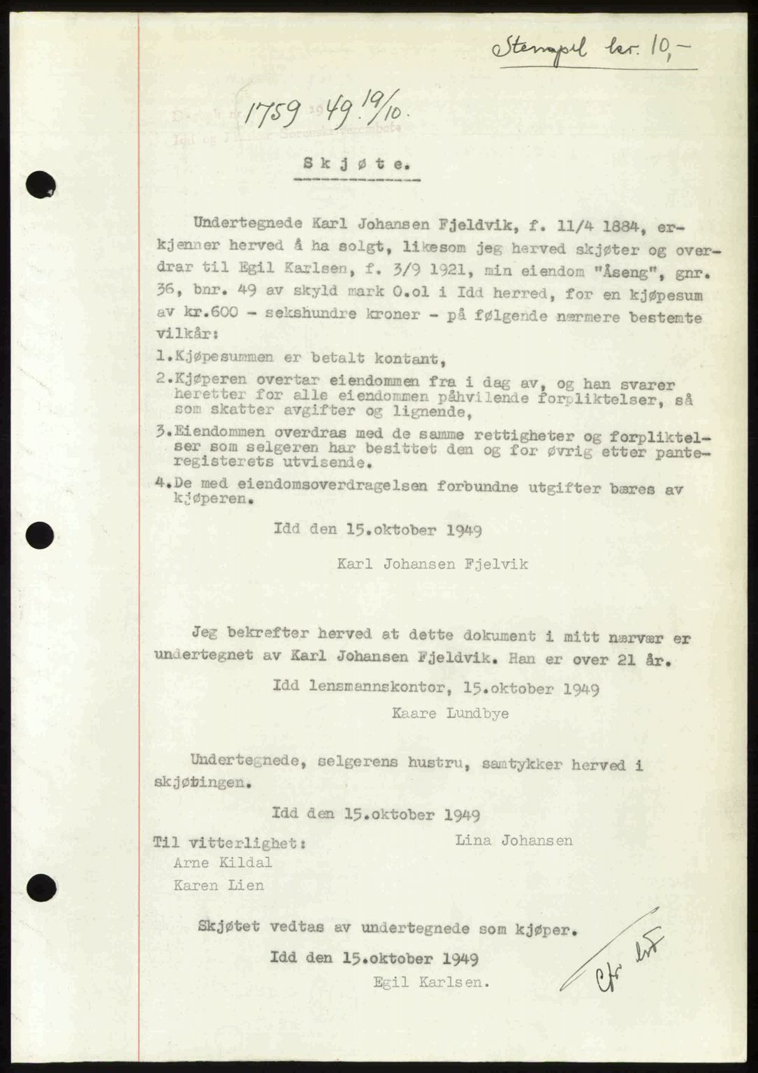 Idd og Marker sorenskriveri, SAO/A-10283/G/Gb/Gbb/L0013: Pantebok nr. A13, 1949-1950, Dagboknr: 1759/1949