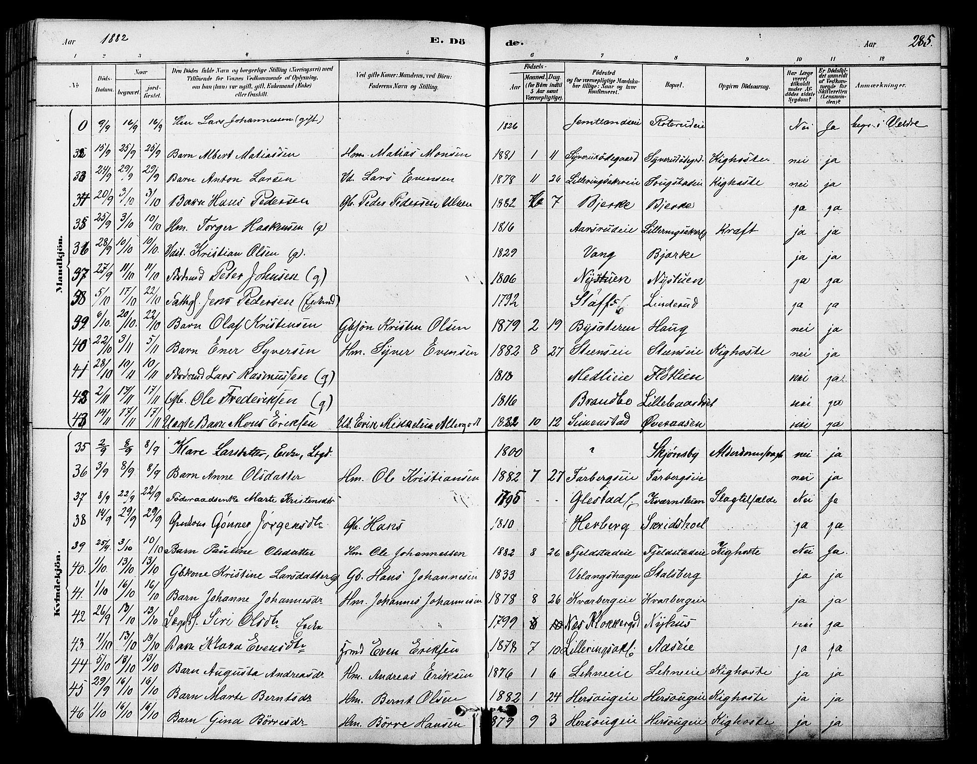 Ringsaker prestekontor, AV/SAH-PREST-014/K/Ka/L0012: Ministerialbok nr. 12, 1879-1890, s. 285