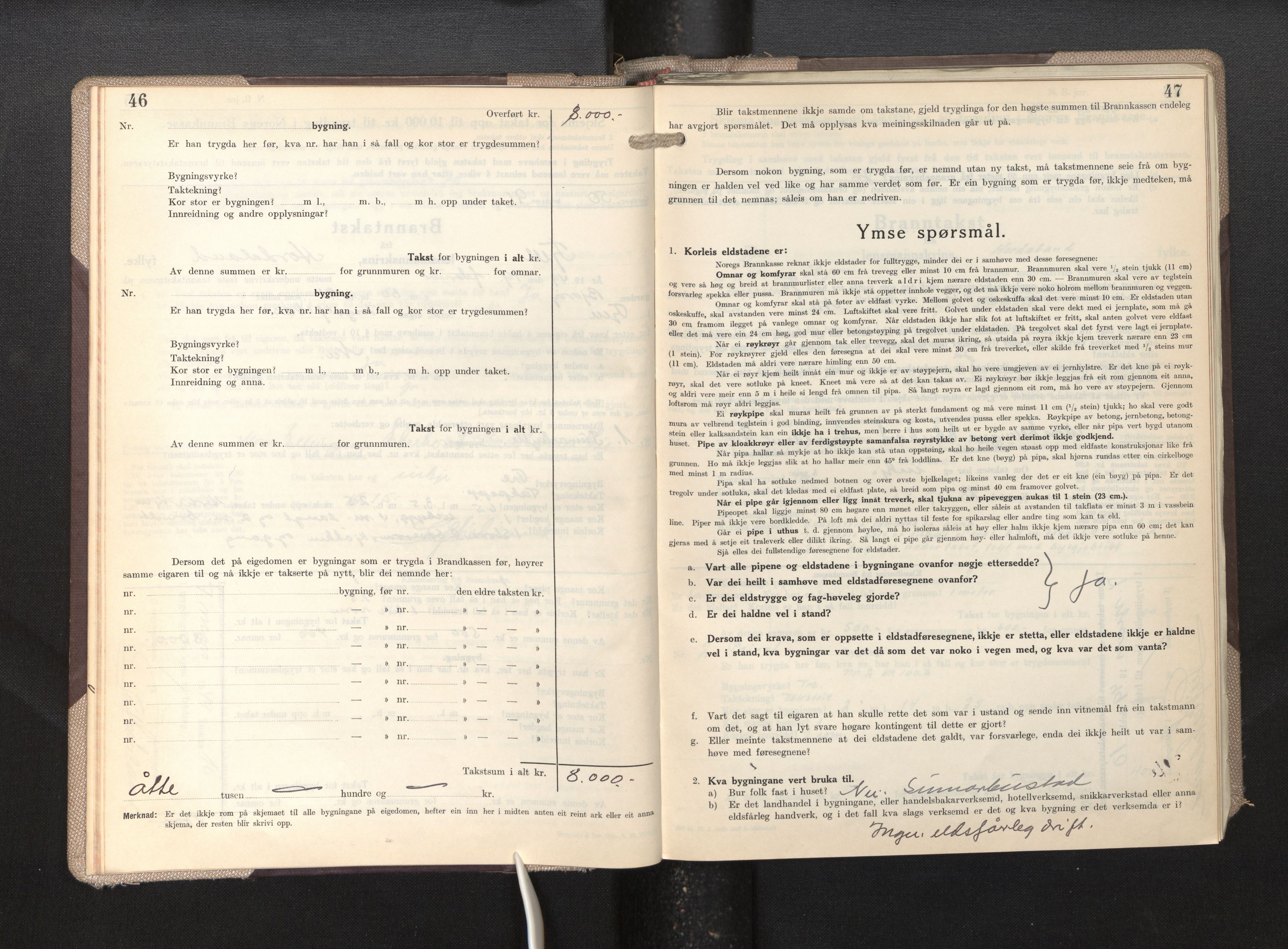 Lensmannen i Fjell, SAB/A-32301/0012/L0007: Branntakstprotokoll, skjematakst, 1946-1955, s. 46-47