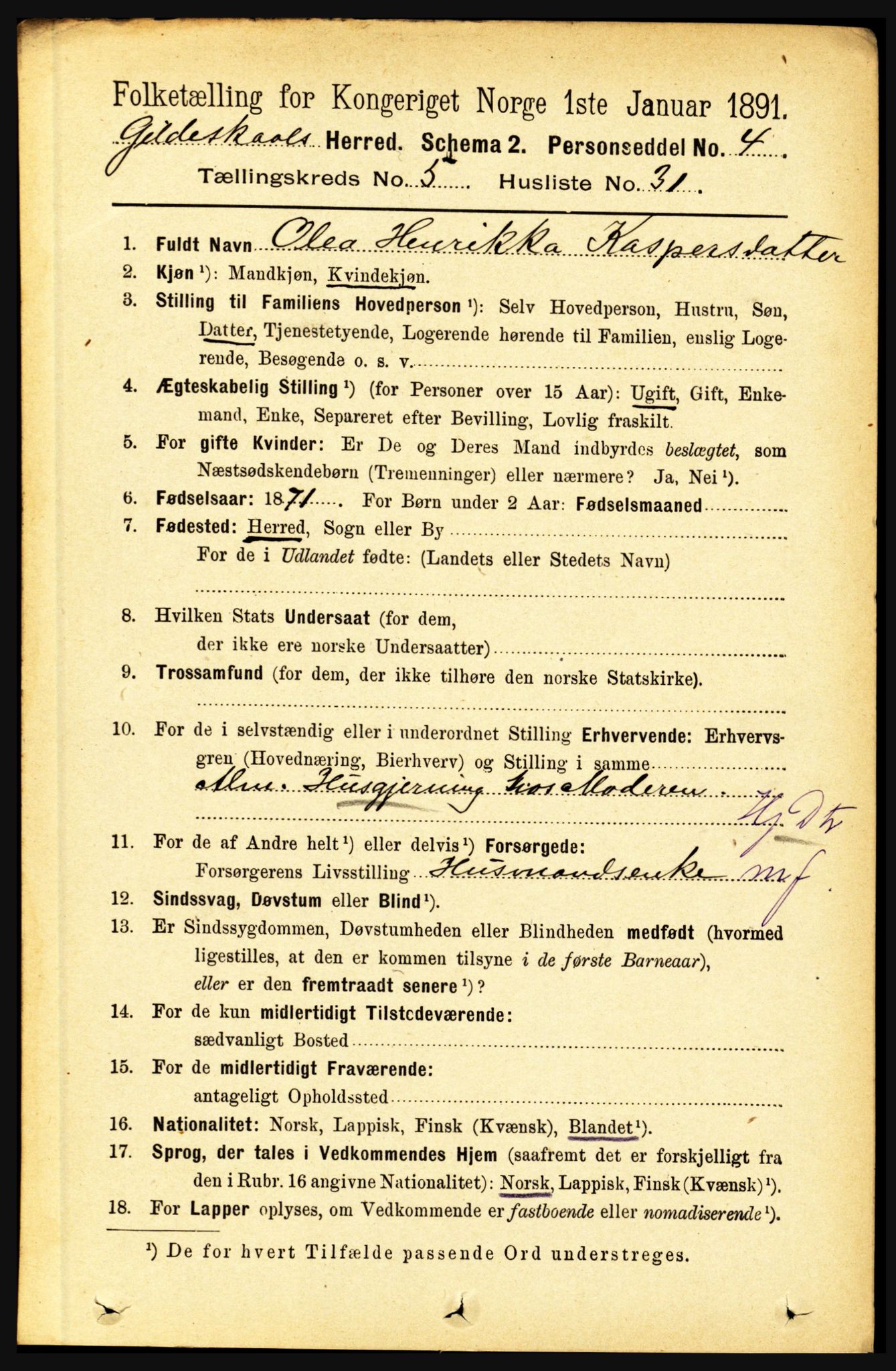 RA, Folketelling 1891 for 1838 Gildeskål herred, 1891, s. 1765
