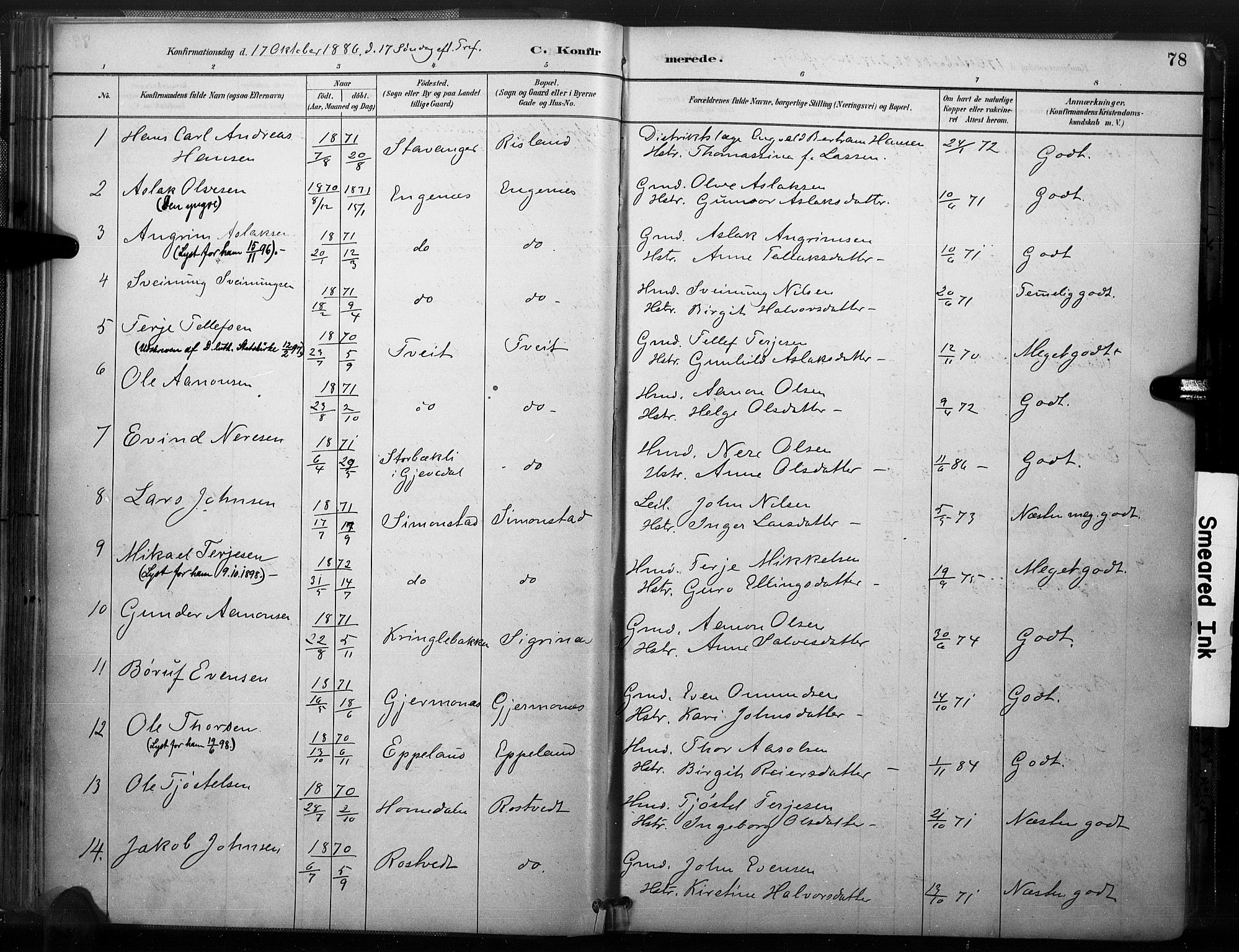 Åmli sokneprestkontor, AV/SAK-1111-0050/F/Fa/Fac/L0010: Ministerialbok nr. A 10 /1, 1885-1899, s. 78