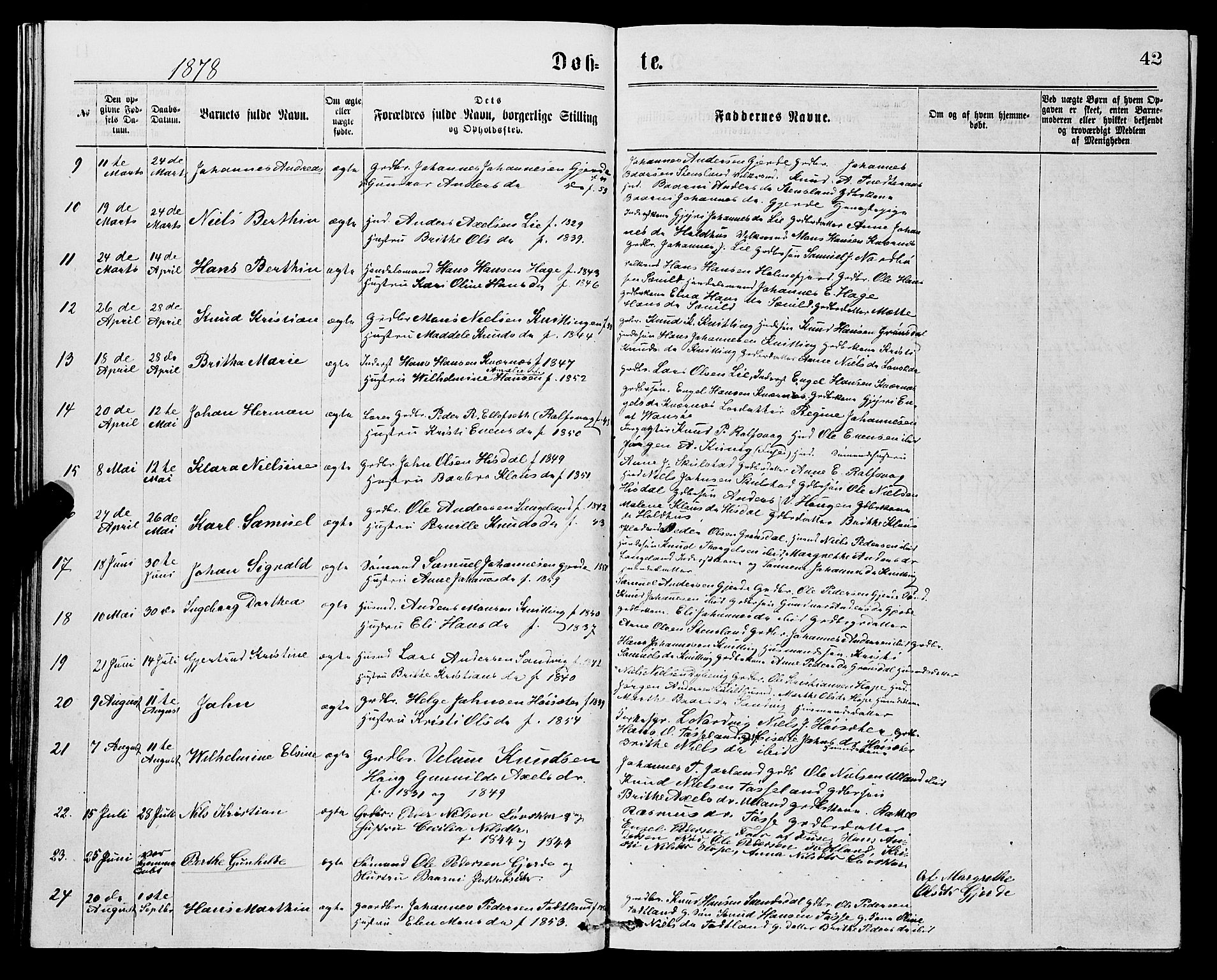 Samnanger Sokneprestembete, AV/SAB-A-77501/H/Hab: Klokkerbok nr. A 1, 1869-1878, s. 42