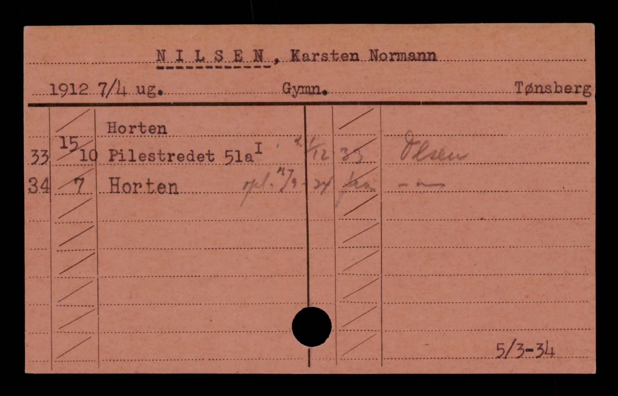 Oslo folkeregister, Registerkort, AV/SAO-A-11715/D/Da/L0067: Menn: Nilsen Karsten - Nilsen Thorvald, 1906-1919