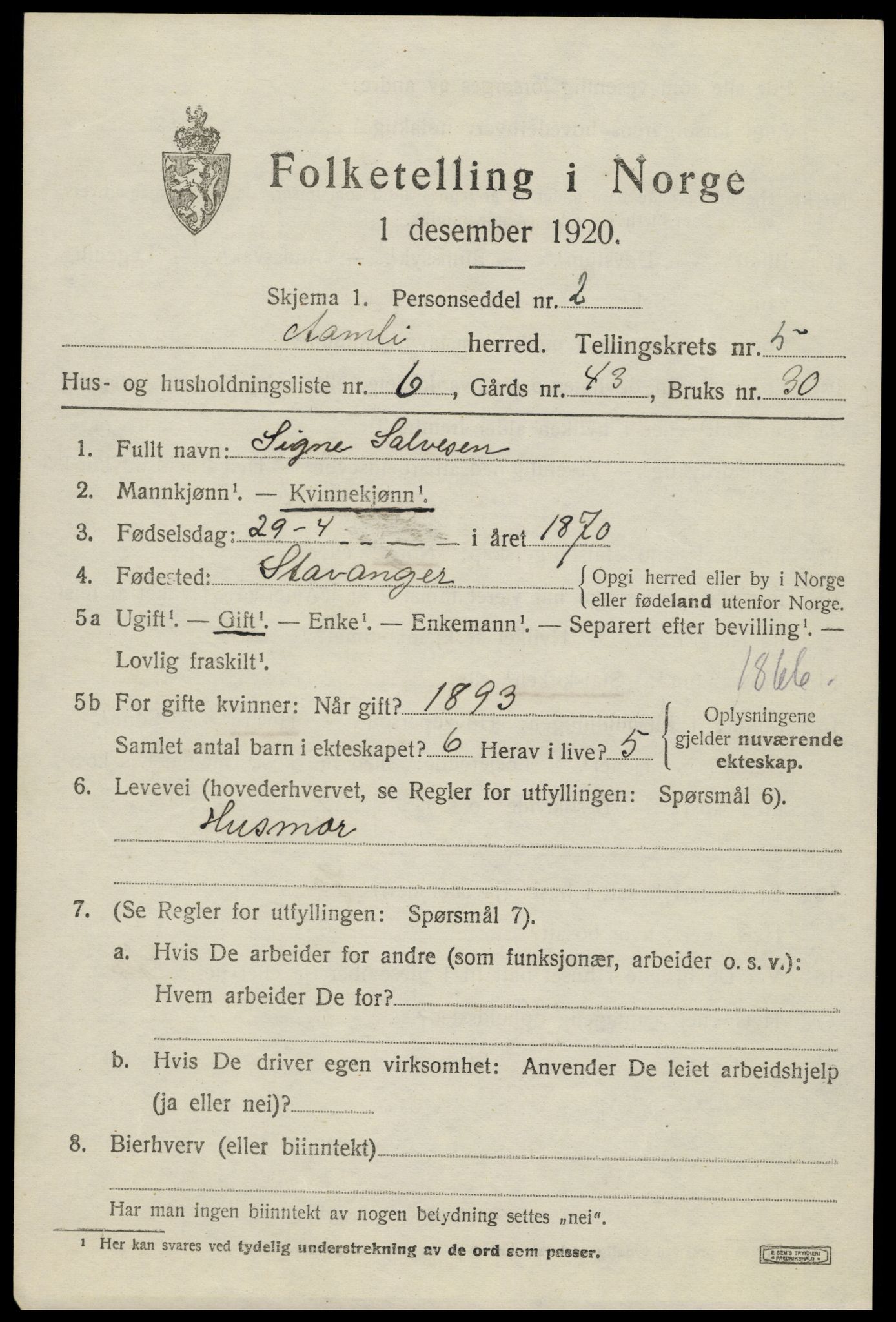 SAK, Folketelling 1920 for 0929 Åmli herred, 1920, s. 2343