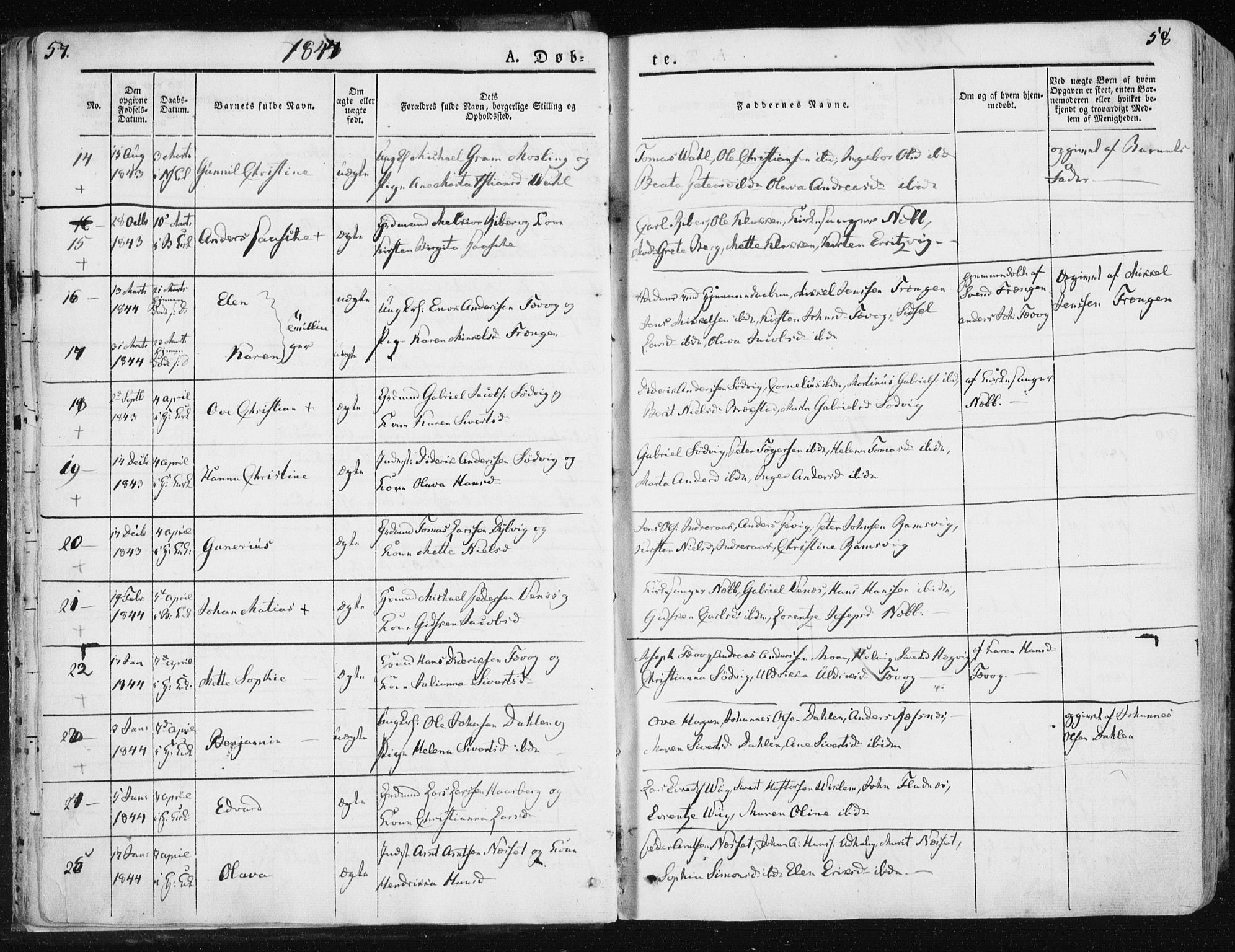 Ministerialprotokoller, klokkerbøker og fødselsregistre - Sør-Trøndelag, SAT/A-1456/659/L0736: Ministerialbok nr. 659A06, 1842-1856, s. 57-58