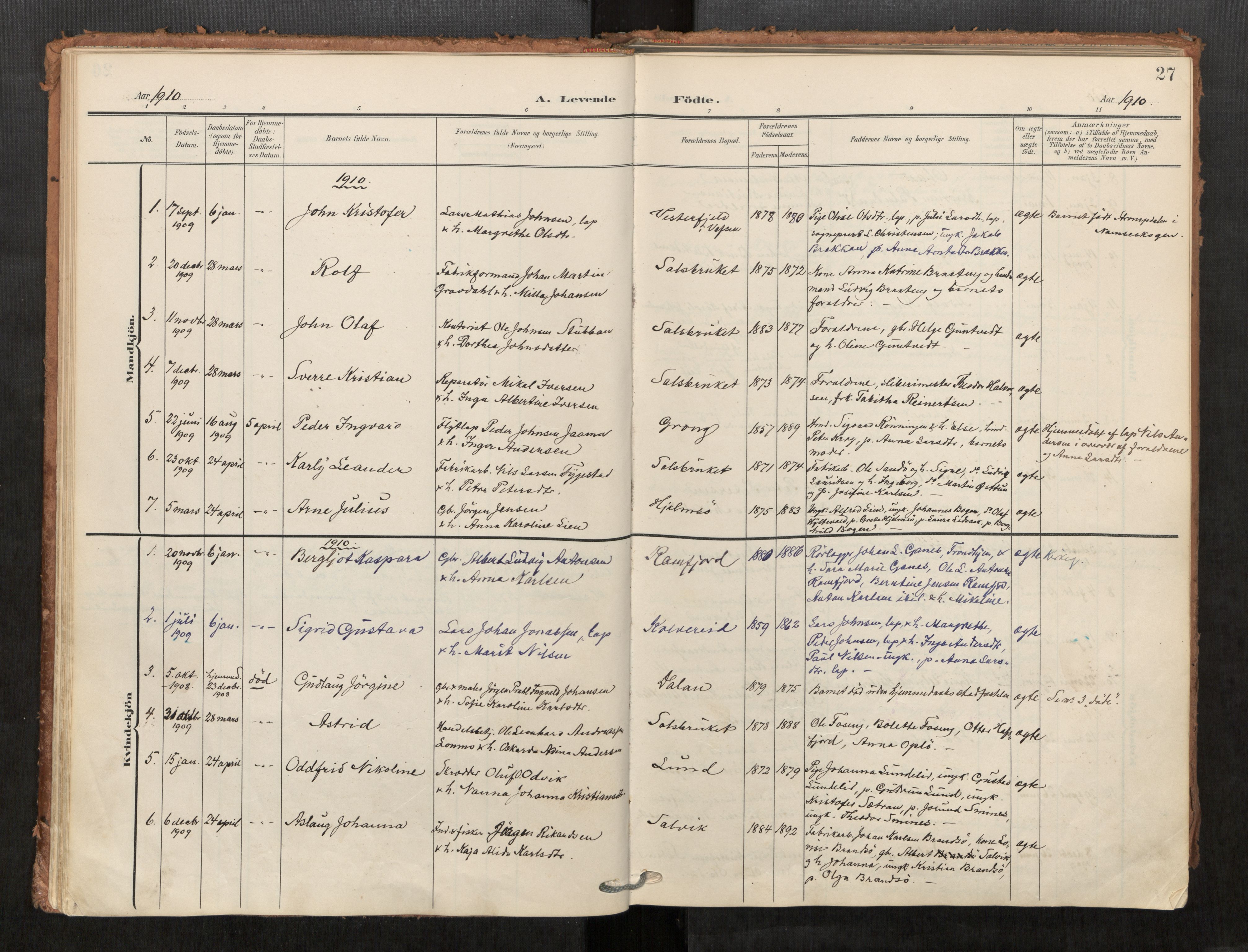 Kolvereid sokneprestkontor, AV/SAT-A-1171/H/Ha/Haa/L0001: Ministerialbok nr. 1, 1903-1922, s. 27