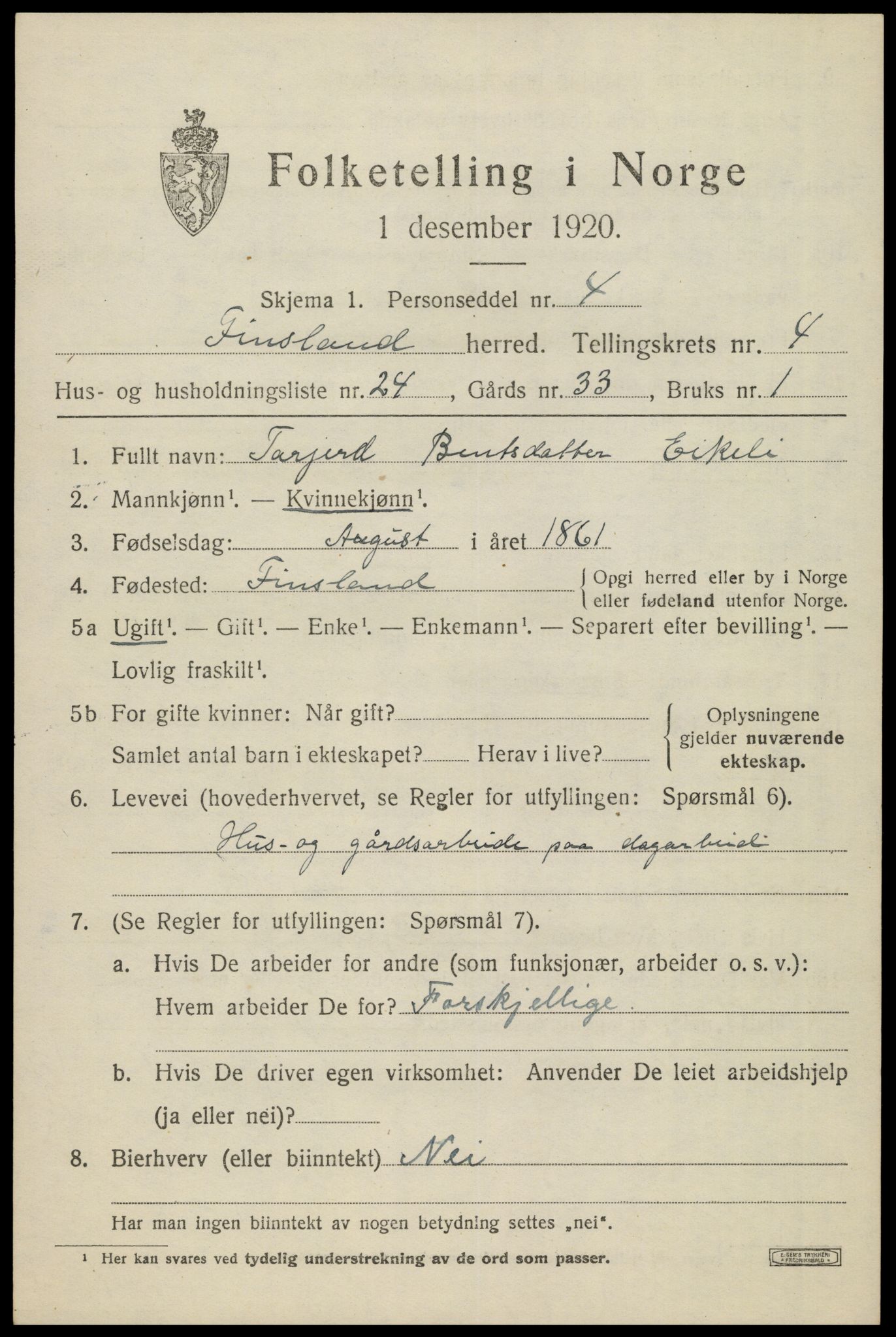 SAK, Folketelling 1920 for 1023 Finsland herred, 1920, s. 1808