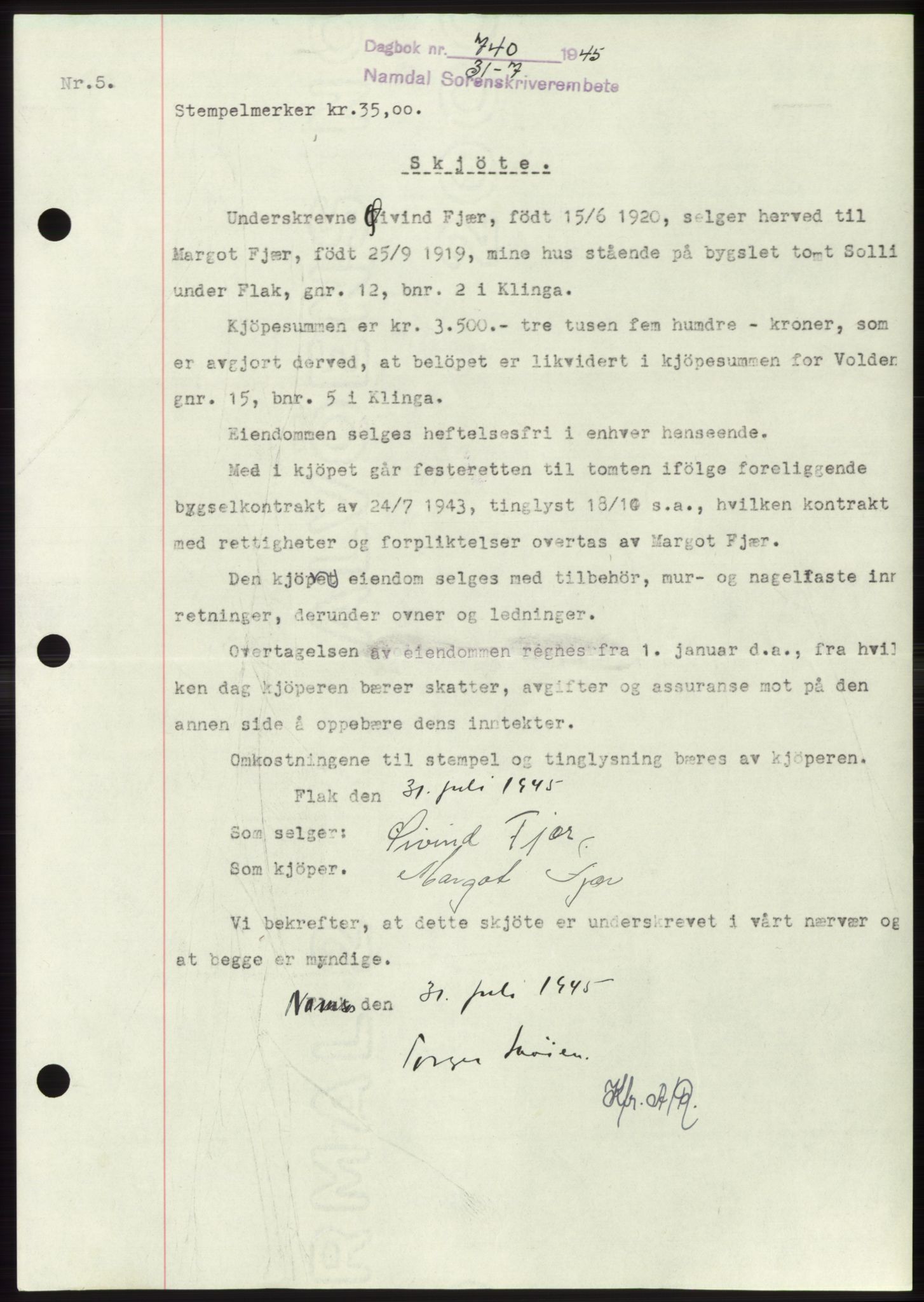 Namdal sorenskriveri, SAT/A-4133/1/2/2C: Pantebok nr. -, 1944-1945, Dagboknr: 740/1945