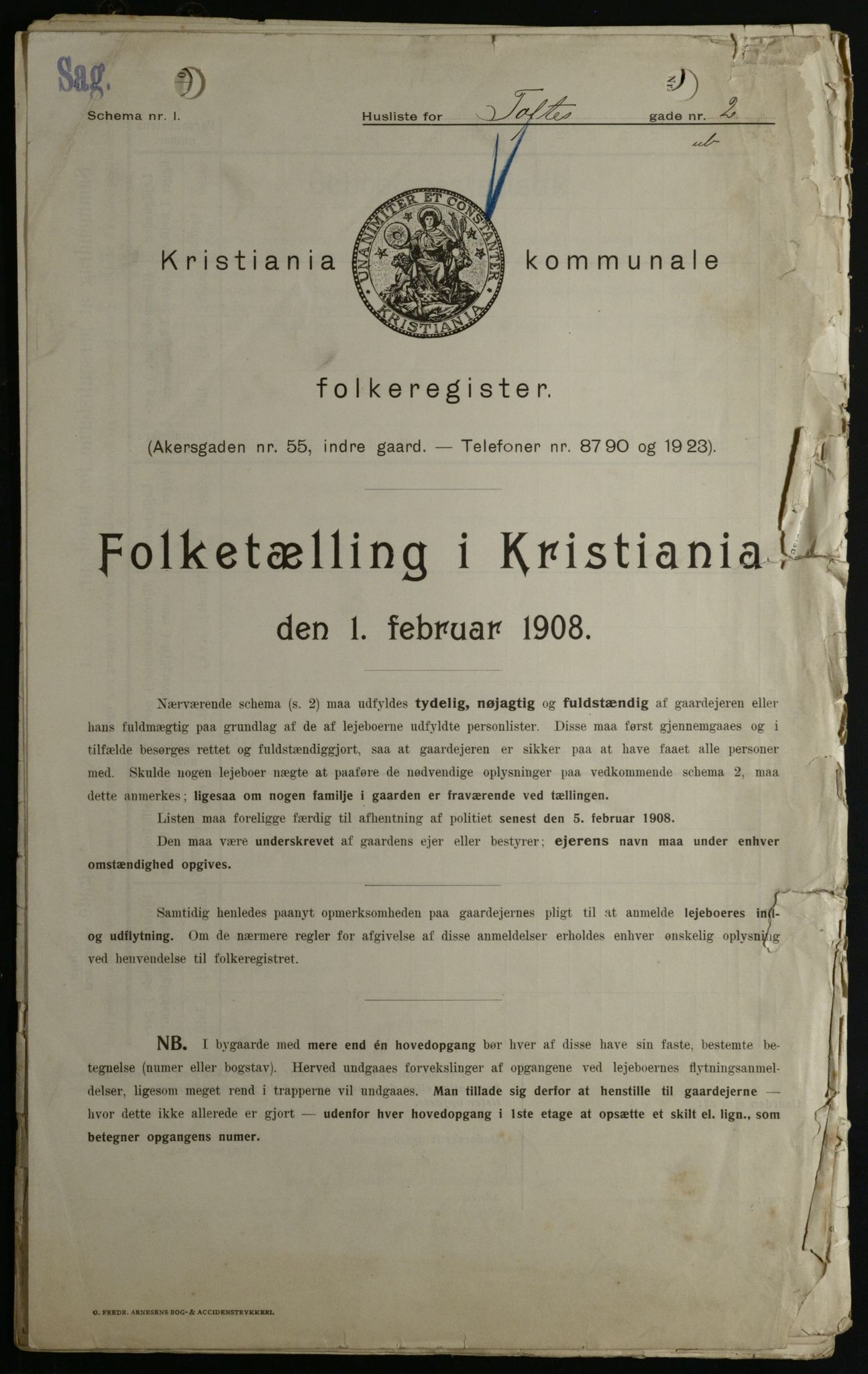 OBA, Kommunal folketelling 1.2.1908 for Kristiania kjøpstad, 1908, s. 100249