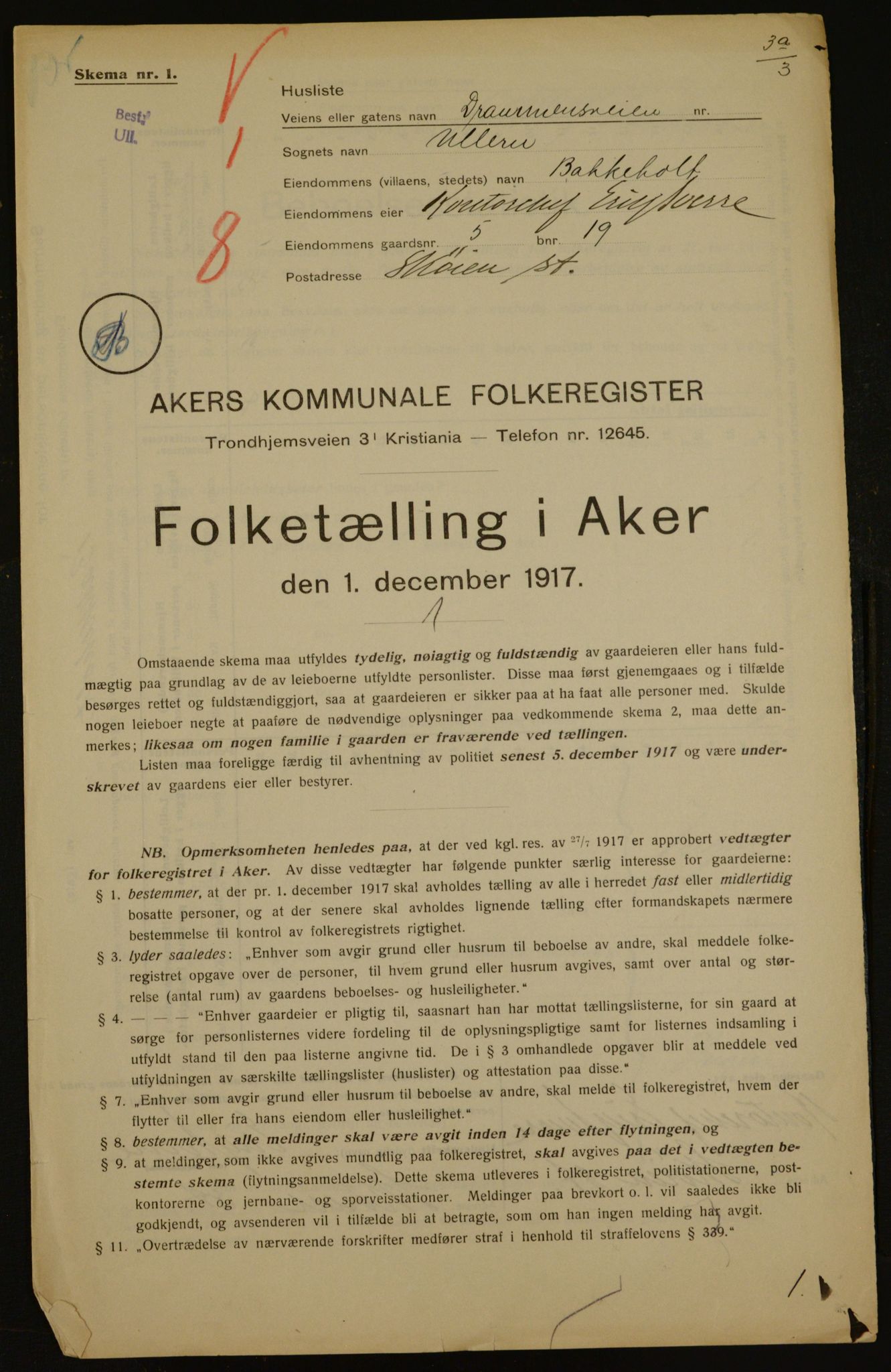 OBA, Kommunal folketelling 1.12.1917 for Aker, 1917, s. 3017