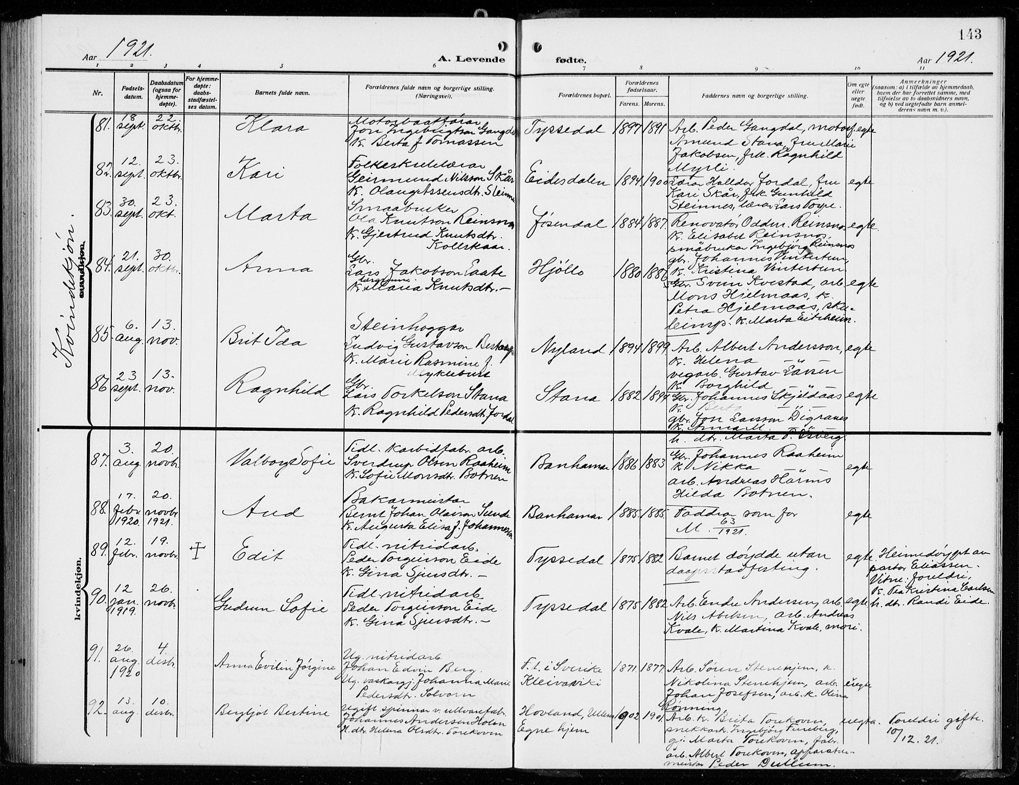 Odda Sokneprestembete, AV/SAB-A-77201/H/Hab: Klokkerbok nr. B  2, 1910-1923, s. 143