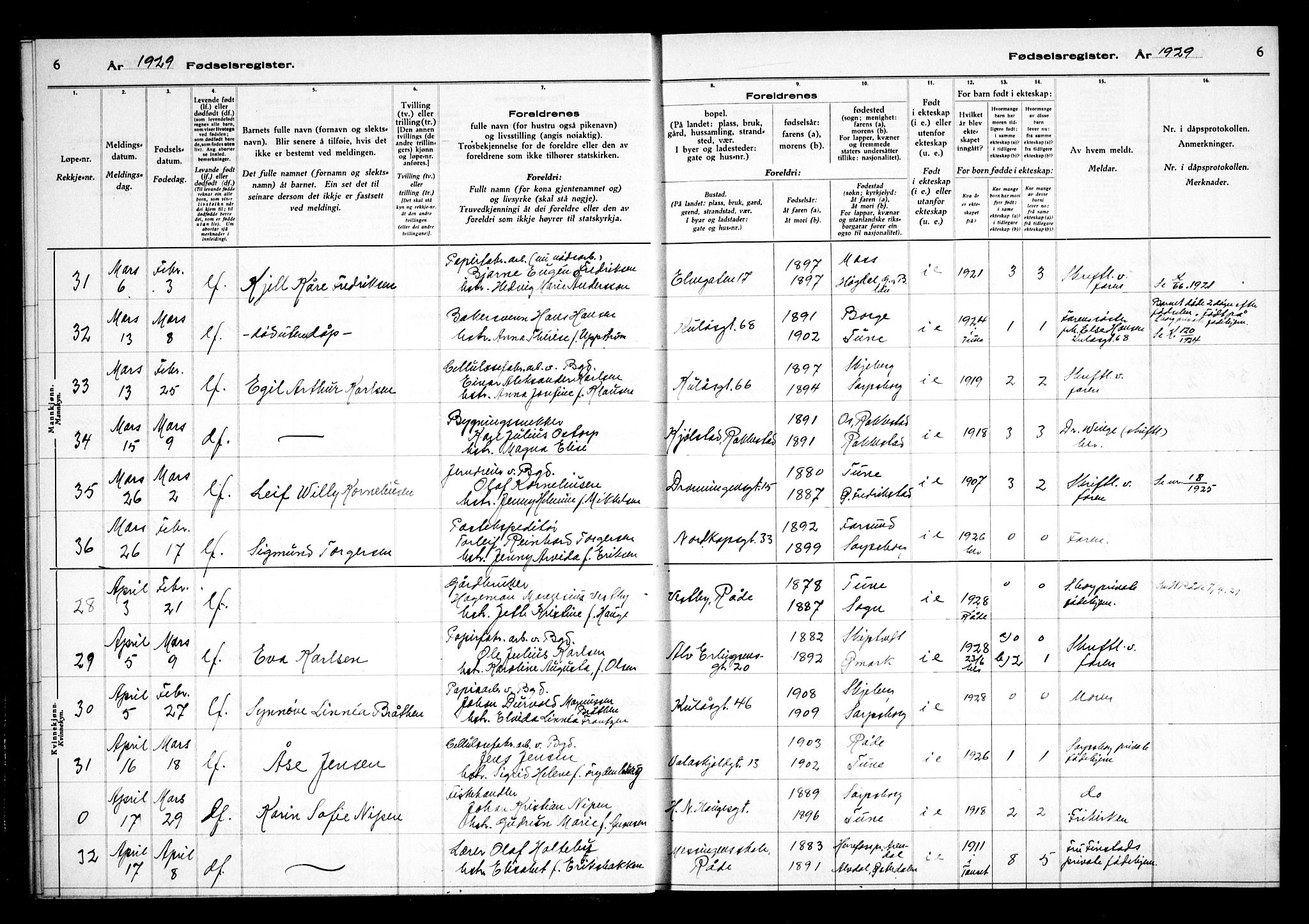 Sarpsborg prestekontor Kirkebøker, AV/SAO-A-2006/J/Ja/L0003: Fødselsregister nr. 3, 1929-1935, s. 6