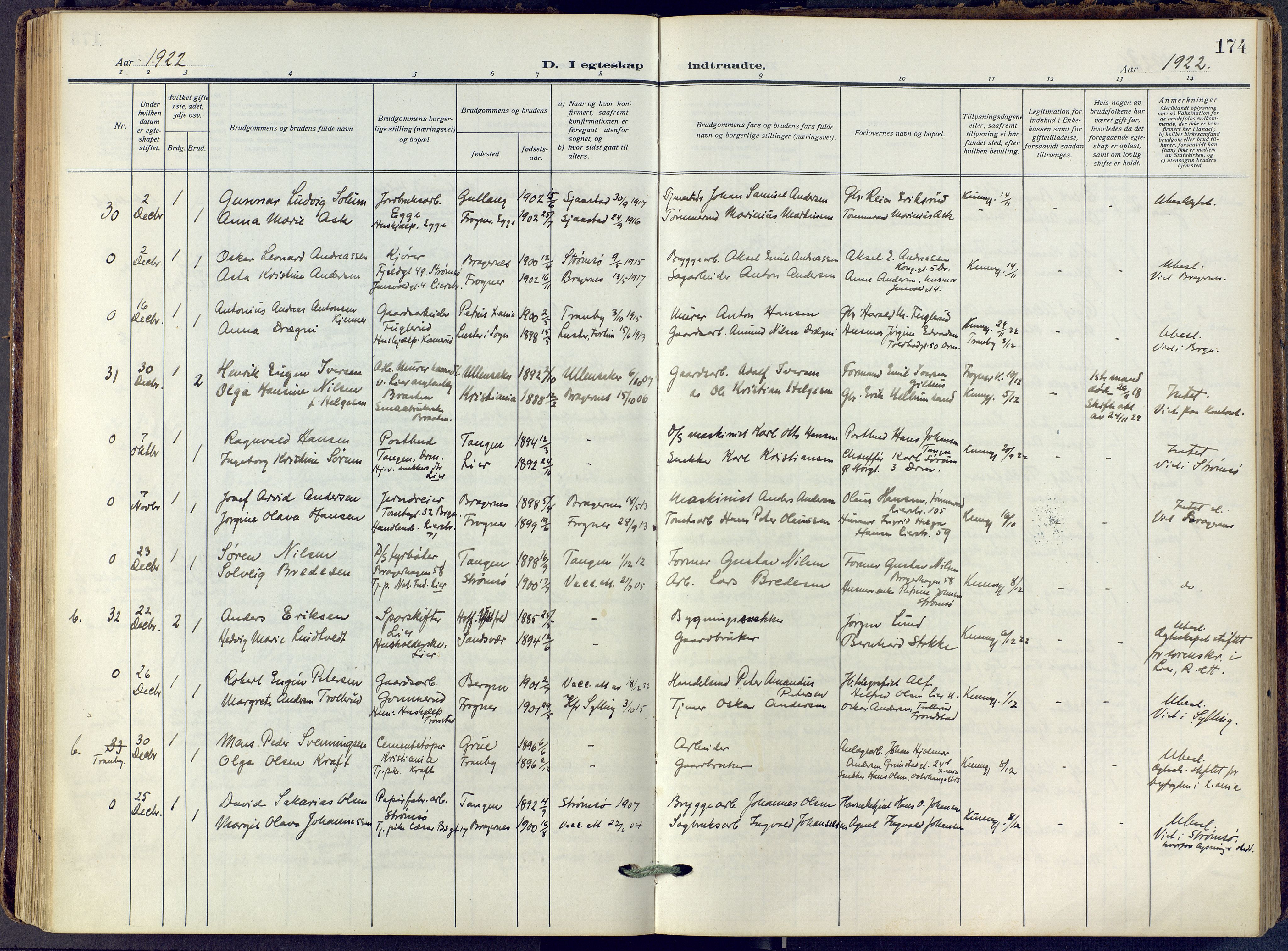 Lier kirkebøker, SAKO/A-230/F/Fa/L0019: Ministerialbok nr. I 19, 1918-1928, s. 174