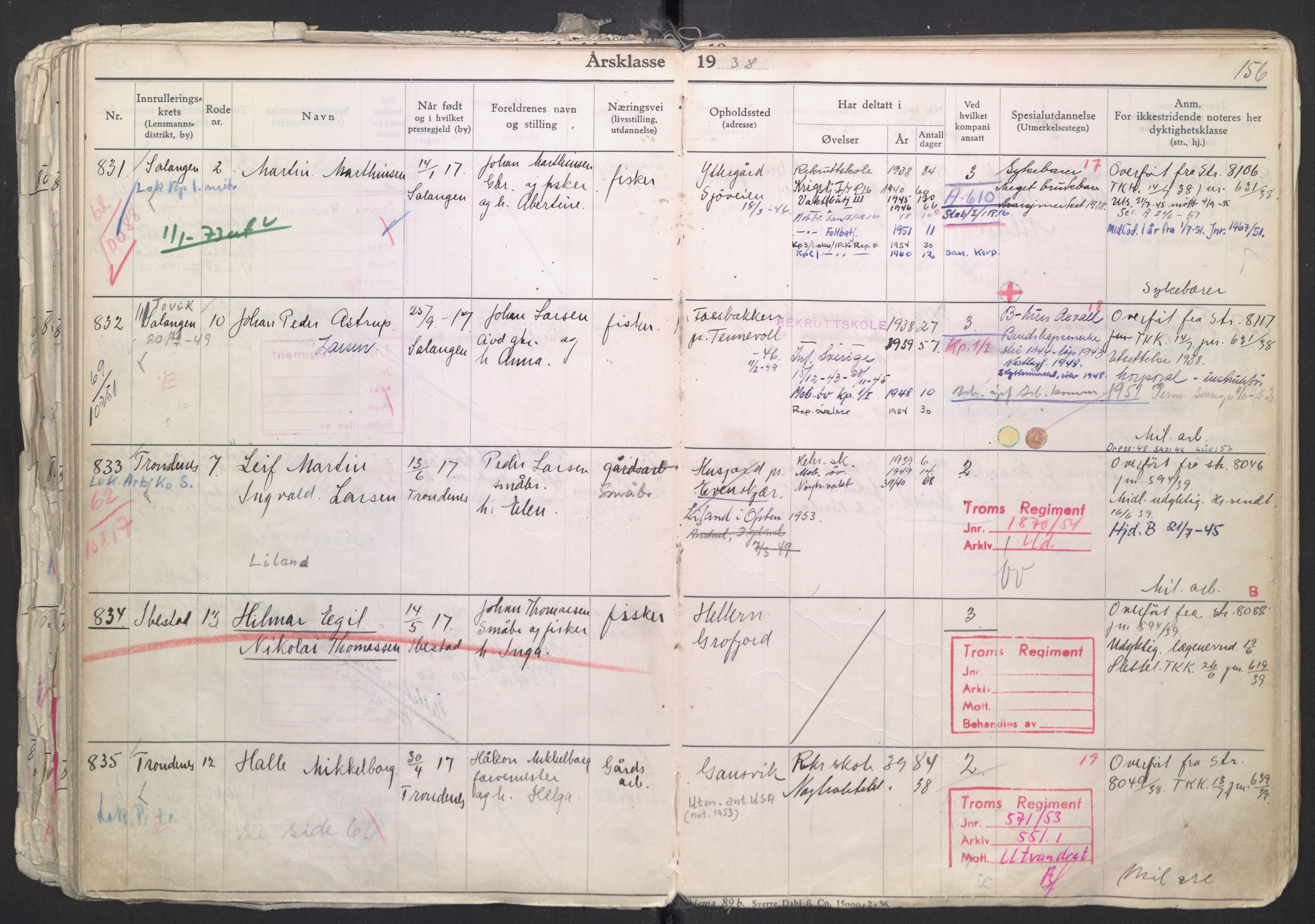 Forsvaret, Troms infanteriregiment nr. 16, AV/RA-RAFA-3146/P/Pa/L0007/0003: Ruller / Rulle for regimentets menige mannskaper, årsklasse 1938, 1938, s. 156