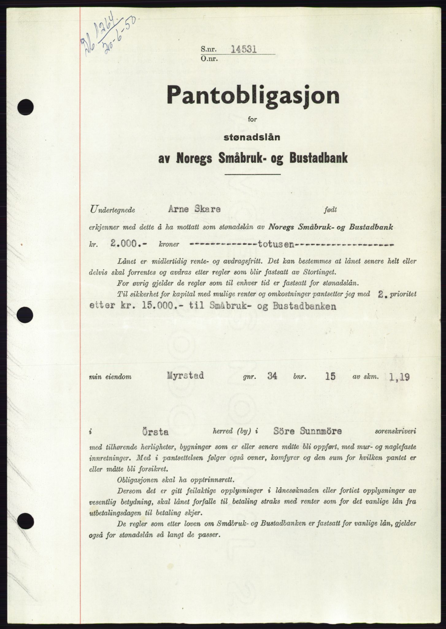 Søre Sunnmøre sorenskriveri, SAT/A-4122/1/2/2C/L0118: Pantebok nr. 6B, 1949-1950, Dagboknr: 1264/1950