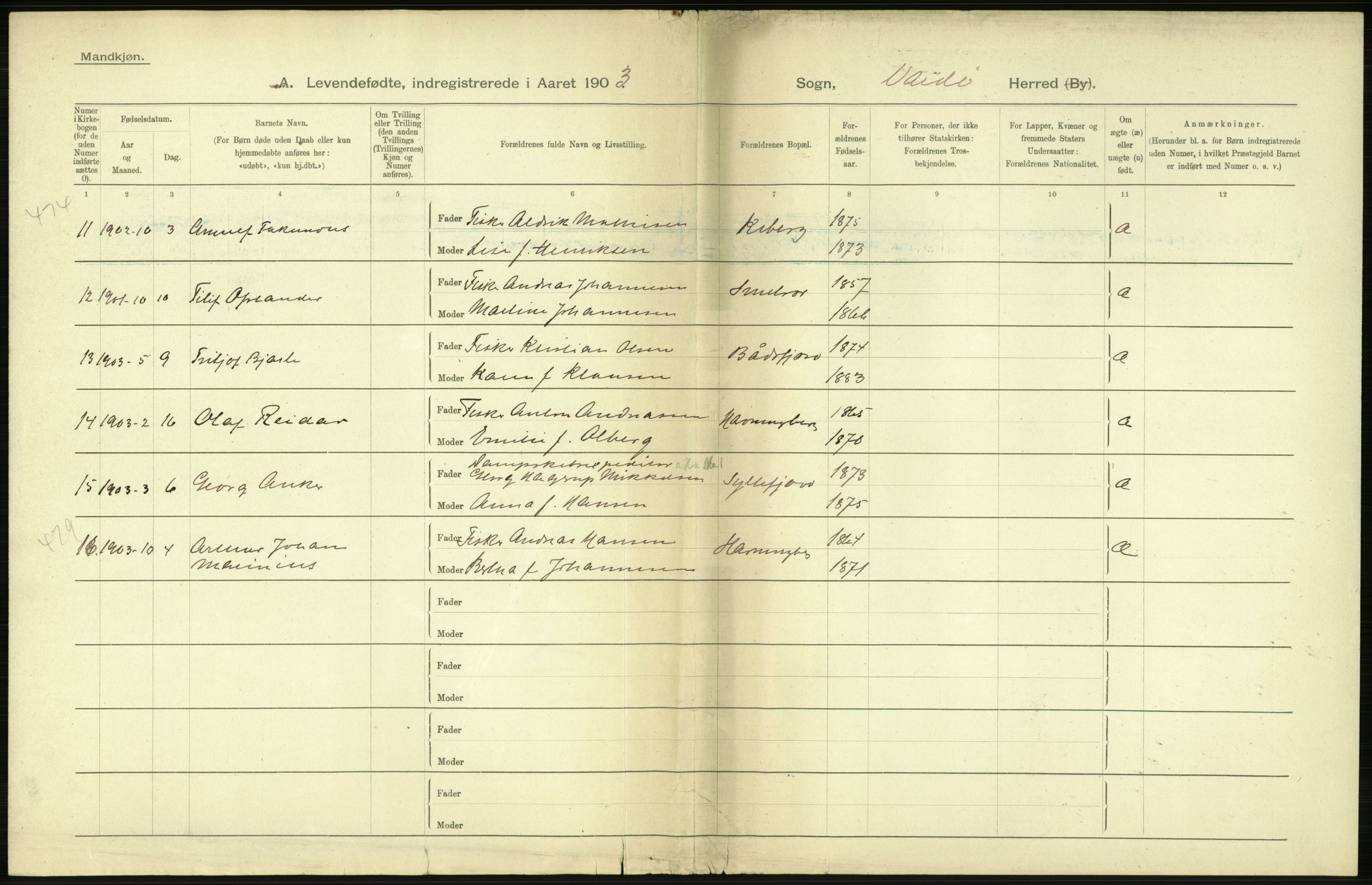 Statistisk sentralbyrå, Sosiodemografiske emner, Befolkning, AV/RA-S-2228/D/Df/Dfa/Dfaa/L0022: Finnmarkens amt: Fødte, gifte, døde., 1903, s. 4