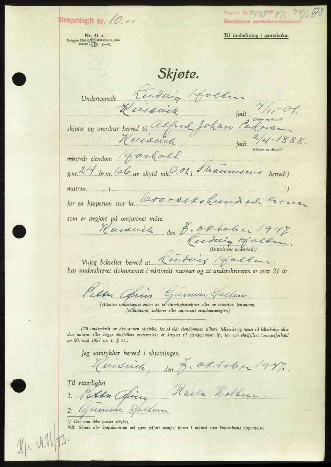 Nordmøre sorenskriveri, AV/SAT-A-4132/1/2/2Ca: Pantebok nr. A106, 1947-1947, Dagboknr: 2443/1947