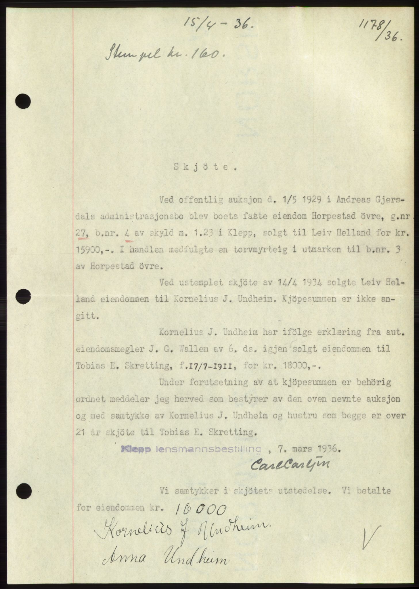 Jæren sorenskriveri, SAST/A-100310/03/G/Gba/L0065: Pantebok nr. 71, 1936-1936, Dagboknr: 1178/1936