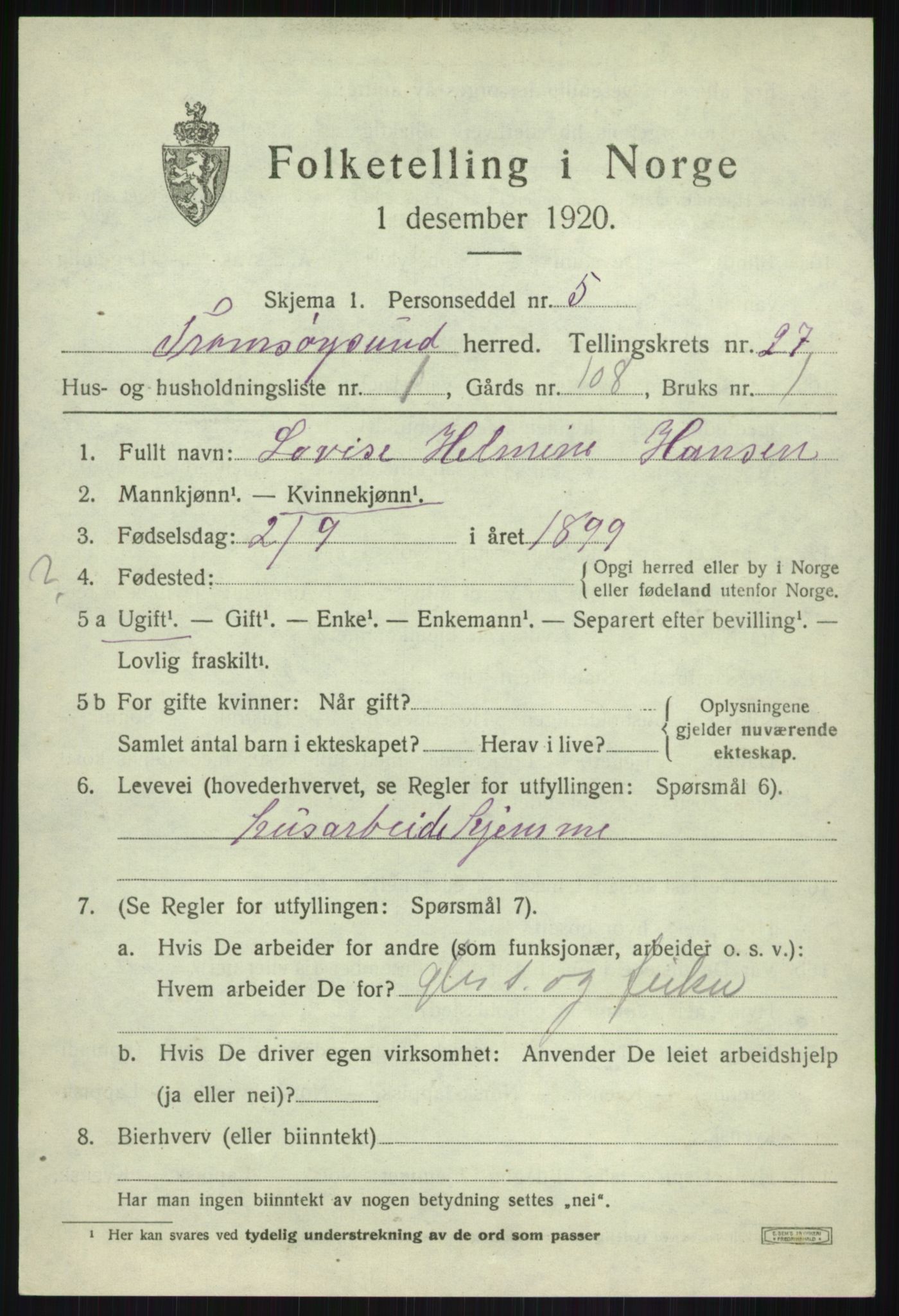 SATØ, Folketelling 1920 for 1934 Tromsøysund herred, 1920, s. 12484