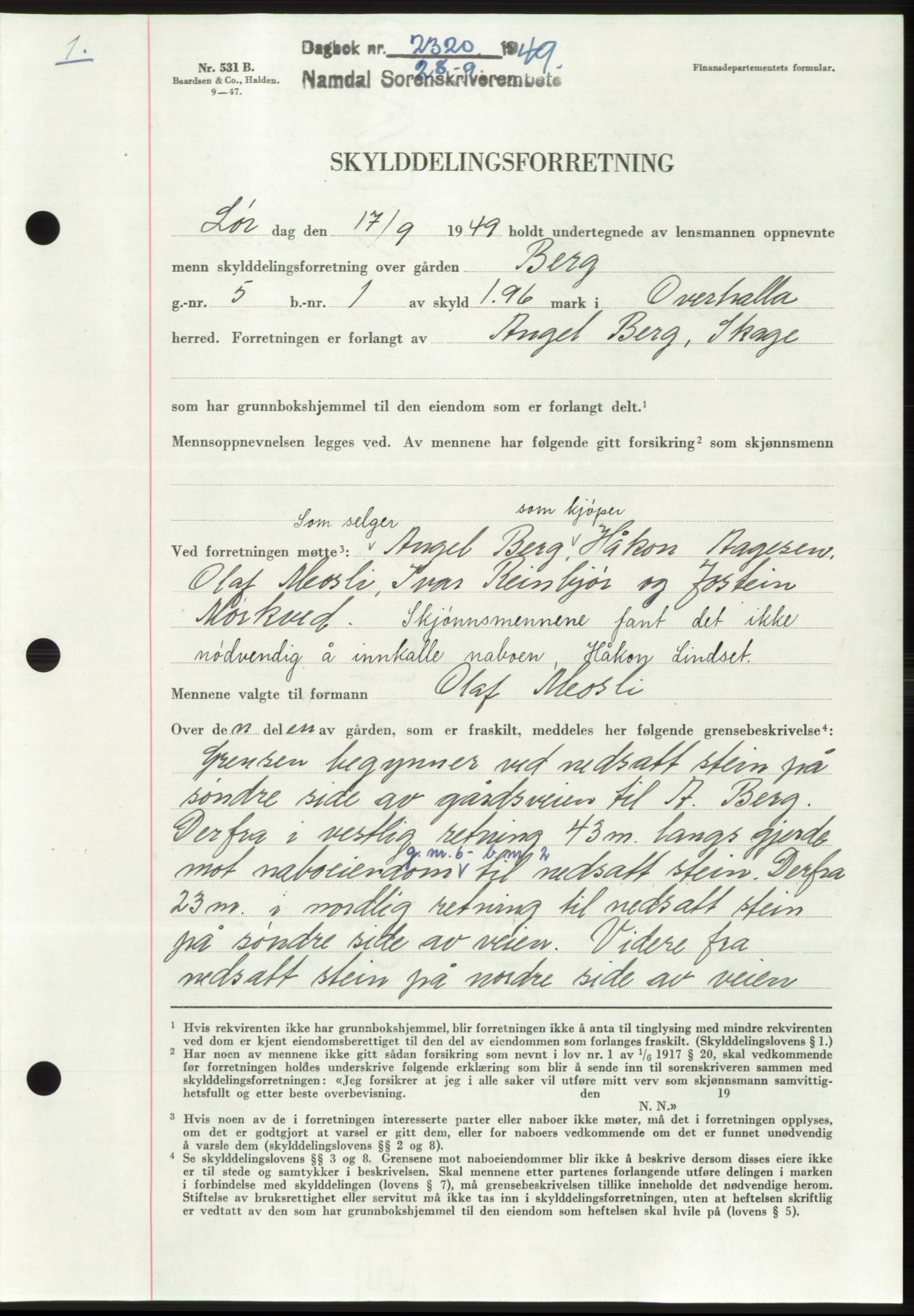 Namdal sorenskriveri, SAT/A-4133/1/2/2C: Pantebok nr. -, 1949-1949, Dagboknr: 2320/1949