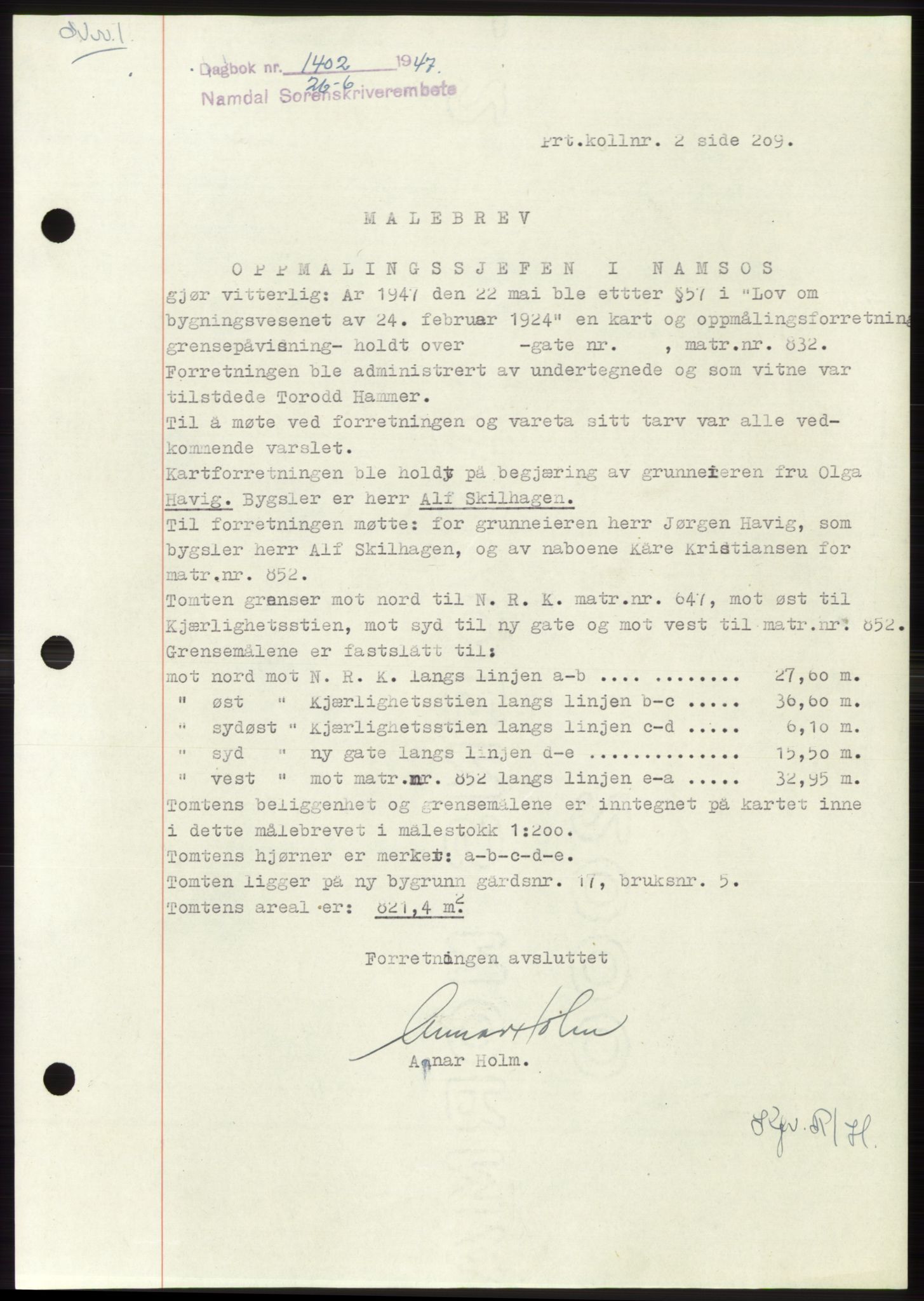 Namdal sorenskriveri, SAT/A-4133/1/2/2C: Pantebok nr. -, 1947-1947, Dagboknr: 1402/1947