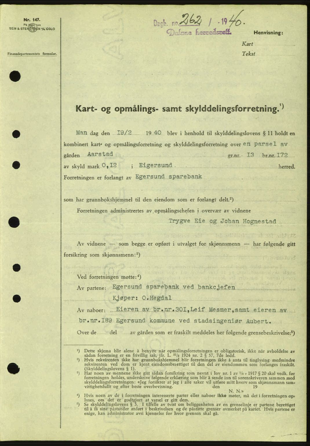 Dalane sorenskriveri, SAST/A-100309/02/G/Gb/L0044: Pantebok nr. A5, 1940-1941, Dagboknr: 262/1940