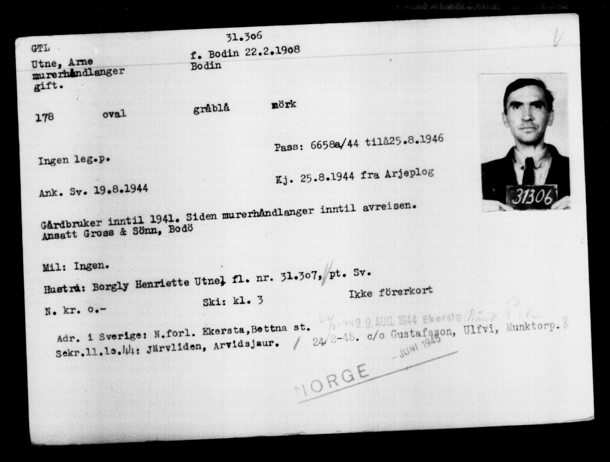 Utenriksstasjonene, Legasjonen i Stockholm, Flyktningkontoret, AV/RA-S-6753/V/Va/L0012: Kjesäterkartoteket, flyktninger med registreringsnr. 28300-31566, 1940-1945, s. 3257